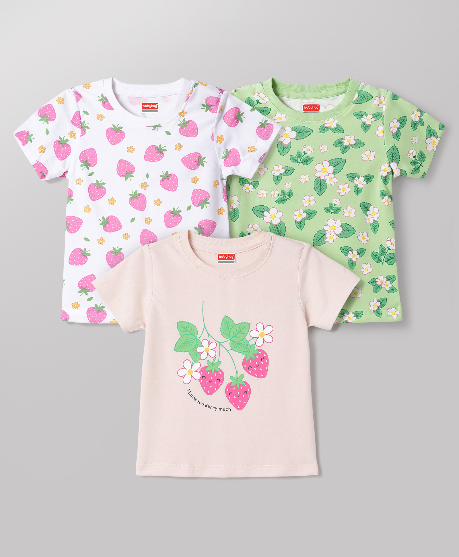 Babyhug Cotton Knit Half Sleeves T-Shirts with Floral & Strawberry Print Pack of 3 - Pink & Light Green-picture-25