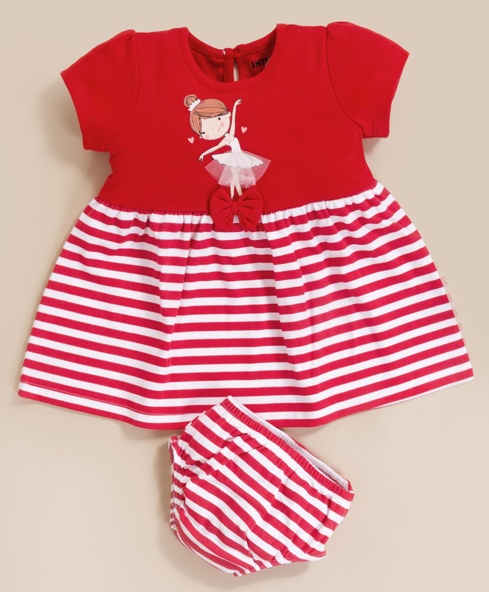 MOONKIDS 100% Pure Cotton Knit Half Sleeves Girl Printed & Striped Dress With Bloomers - Red-image-12