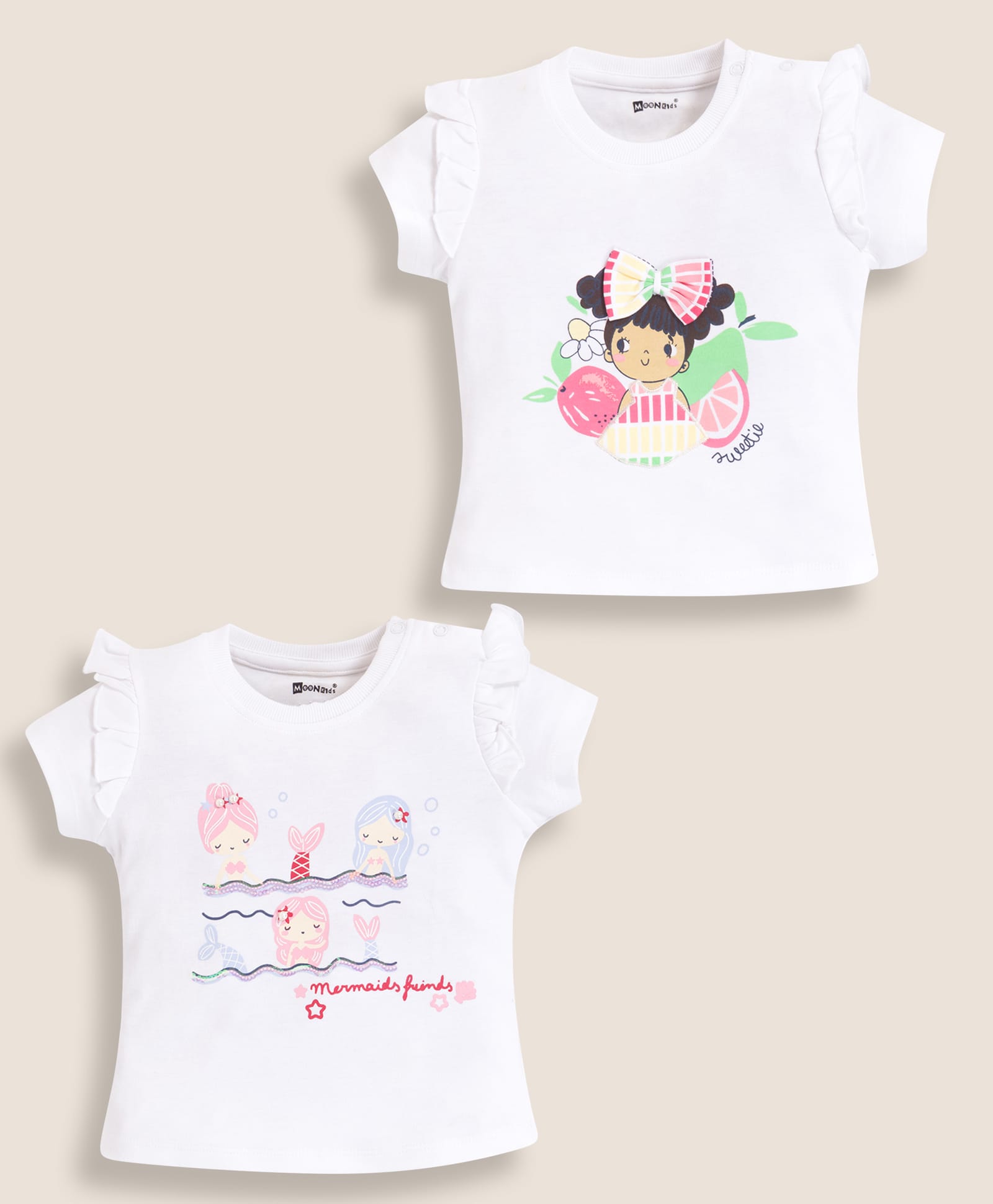 MOONKIDS Cotton Knit Pack Of 2 Half Sleeves Mermaid & Fruits Printed Tops - White-image-22
