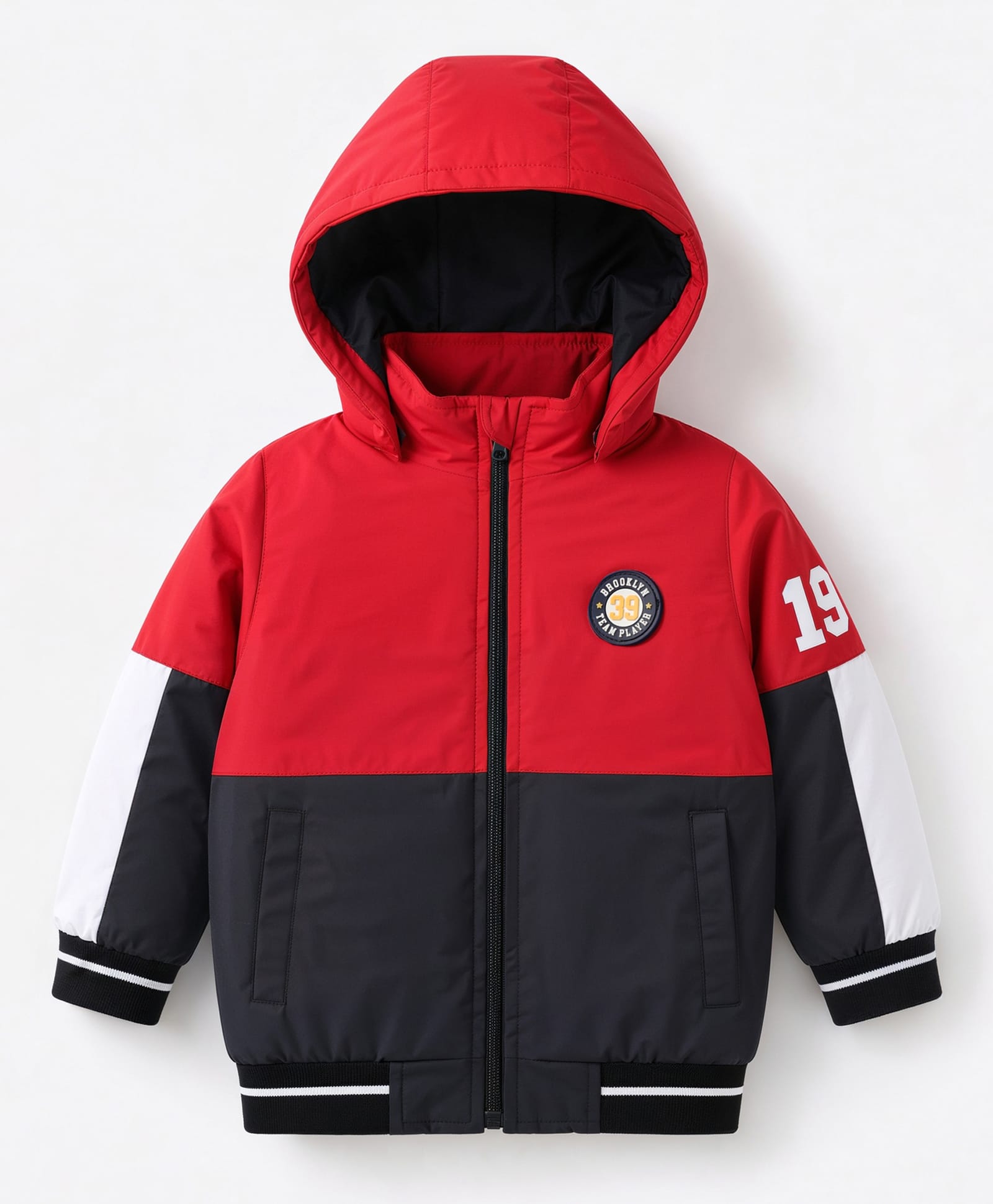 Babyhug Full Sleeves Hooded Padded Jacket with Varsity Print - Red-image-41