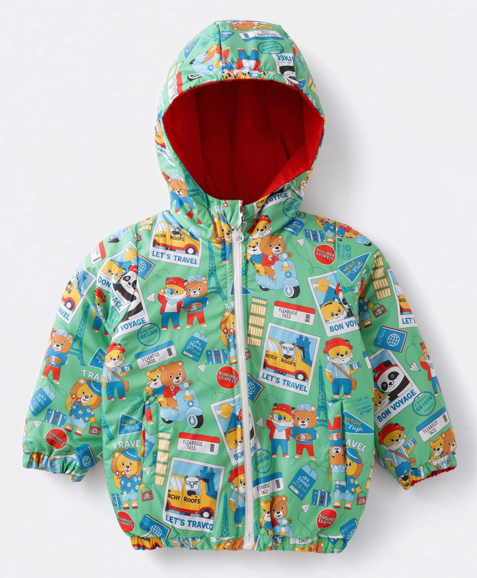 Babyhug Hooded Reversible Padded Jacket with Full Sleeves and Travel Theme Print - Green-picture-12