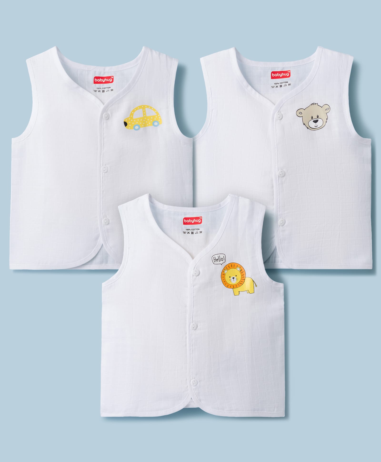 Babyhug Muslin Woven Sleeveless Jhablas with Car & Animals Print Pack of 3 -White-picture-22