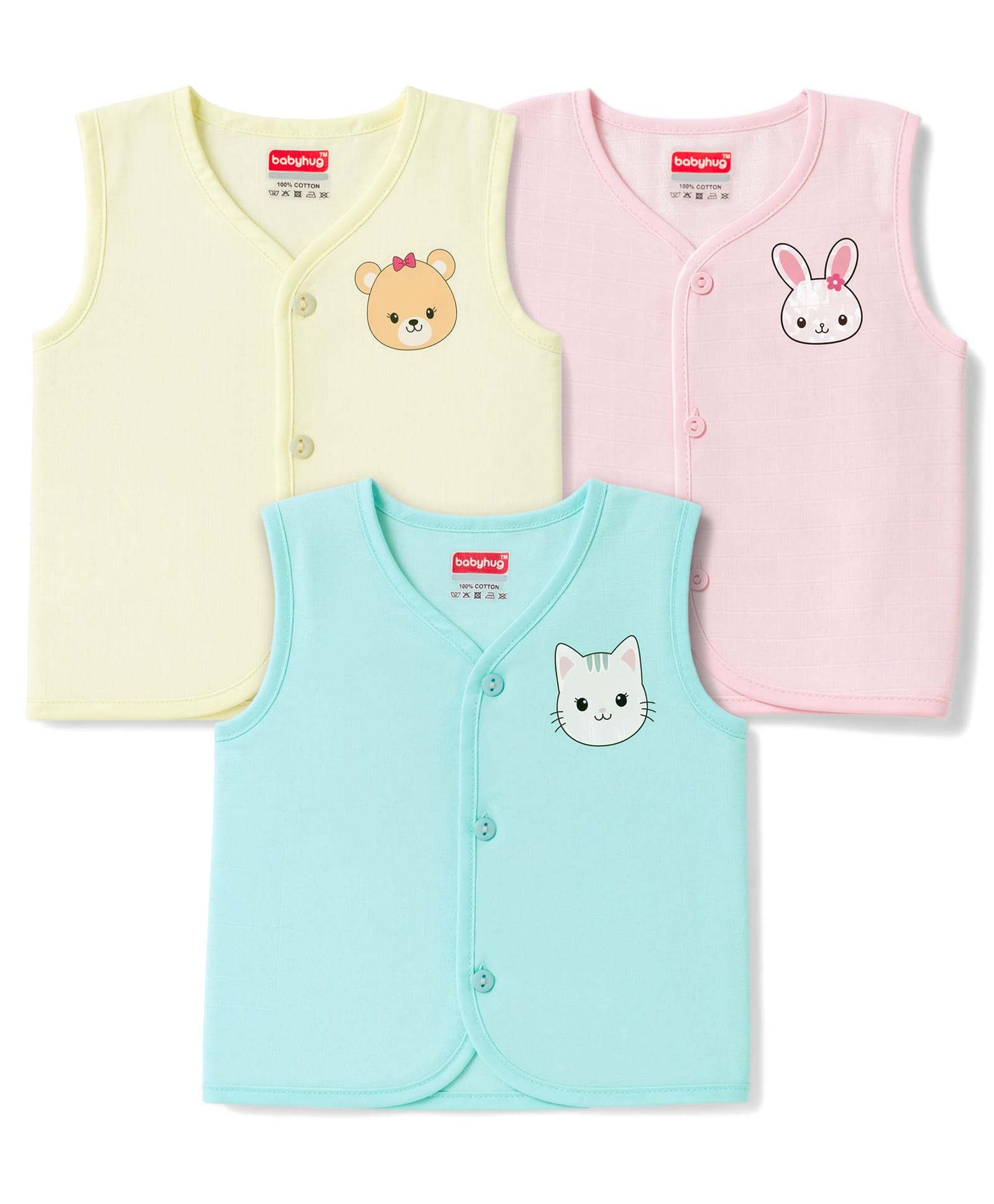 Babyhug 100% Cotton Woven Sleeveless Animal Printed Jhablas Pack Of 3 - Light Blue Pink & Yellow-picture-14