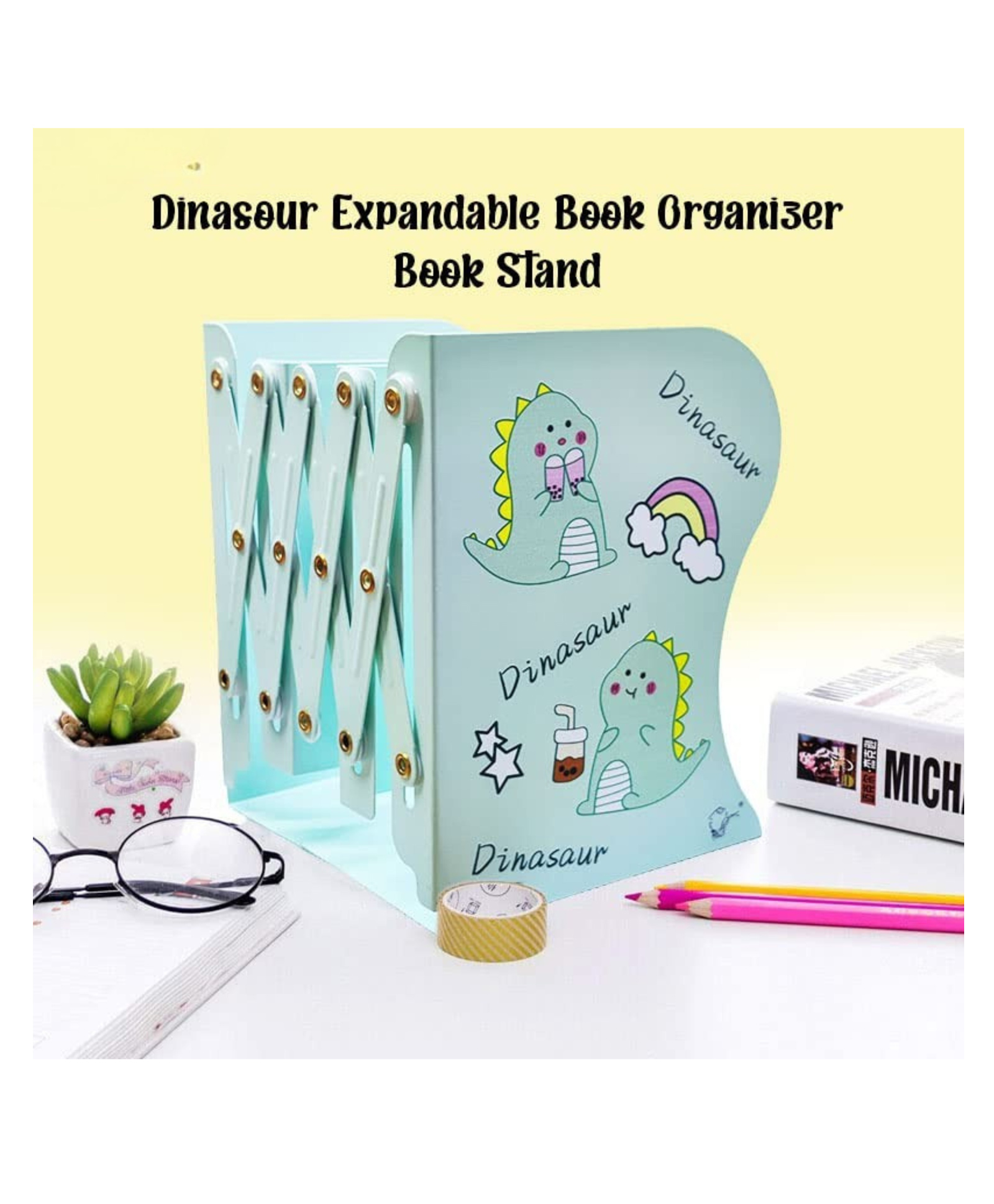 YAMAMA Dino Theme Book Organizer For Boys & Girls | Expandable Adjustable Metal Book Stand | Book Rack for Kids | File Folder Organizer - Dino-image-48