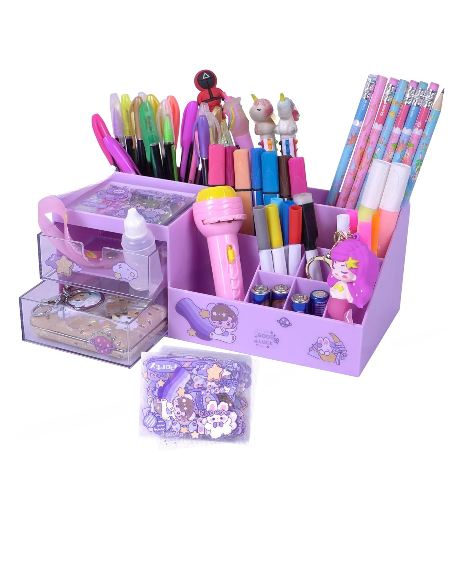 YAMAMA Multi-Functional Desk Drawer Organizer Storager Box inbuilt 9 Compartments and 2 Drawers with Kawaii Sticker Sheets - Color May Vary-picture-10