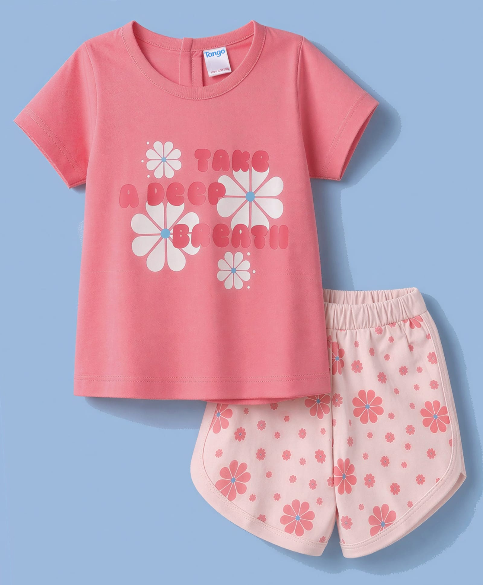Tango Single Jersey Knit Half Sleeves Text & Floral Printed Top & Shorts Set - Coral-picture-24