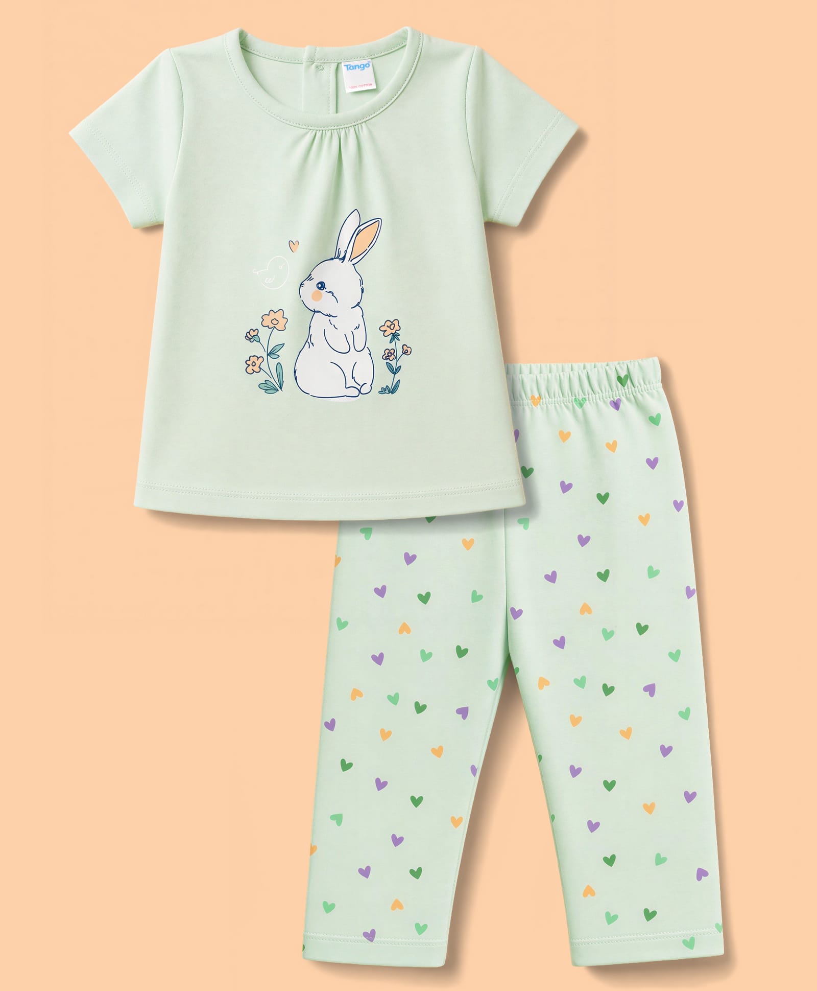 Tango Single Jersey Knit Half Sleeves Bunny Floral & Hearts Printed Top & Pant Set - Light Green-picture-22