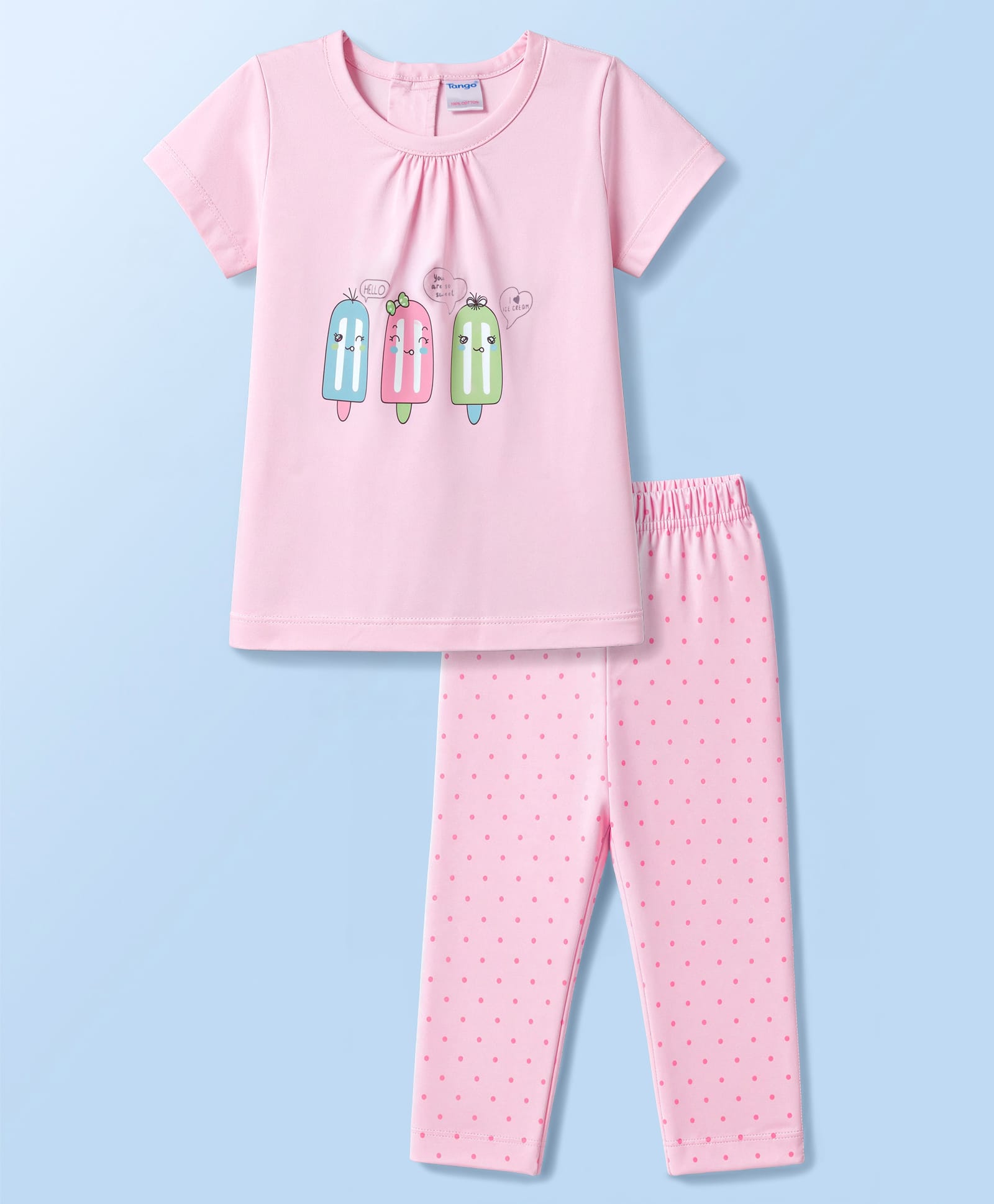 Tango Single Jersey Knit Half Sleeves Ice- Cream Printed Top & Polka Dots Pant With - Pink-image-16