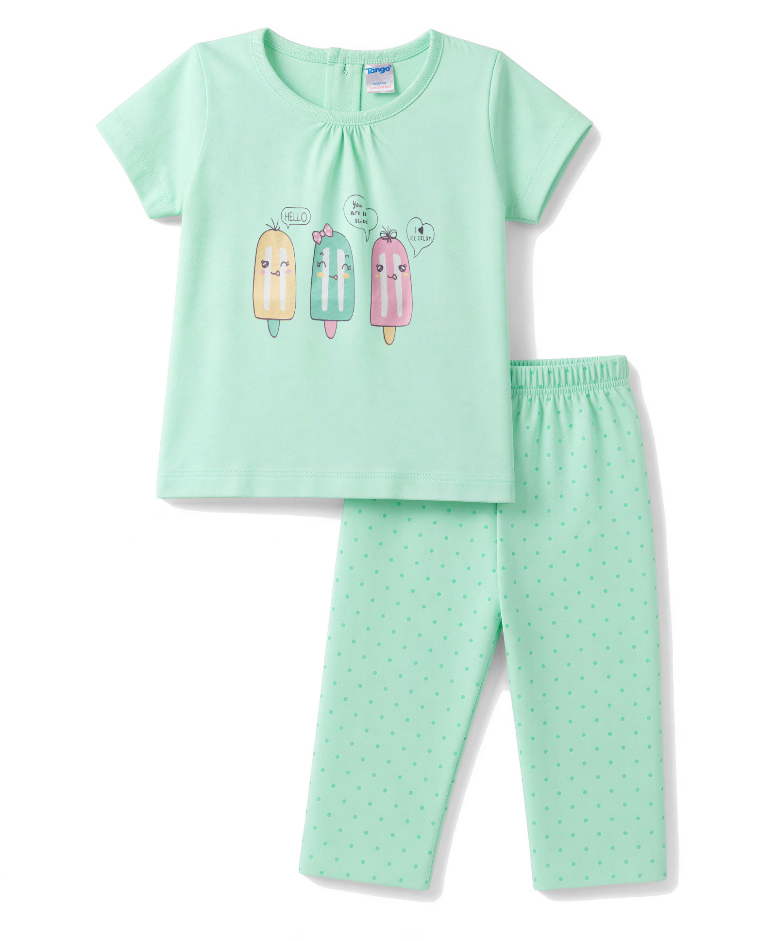 Tango Single Jersey Knit Half Sleeves Ice- Cream Printed Top & Polka Dots Pant With - Light Green-image-17
