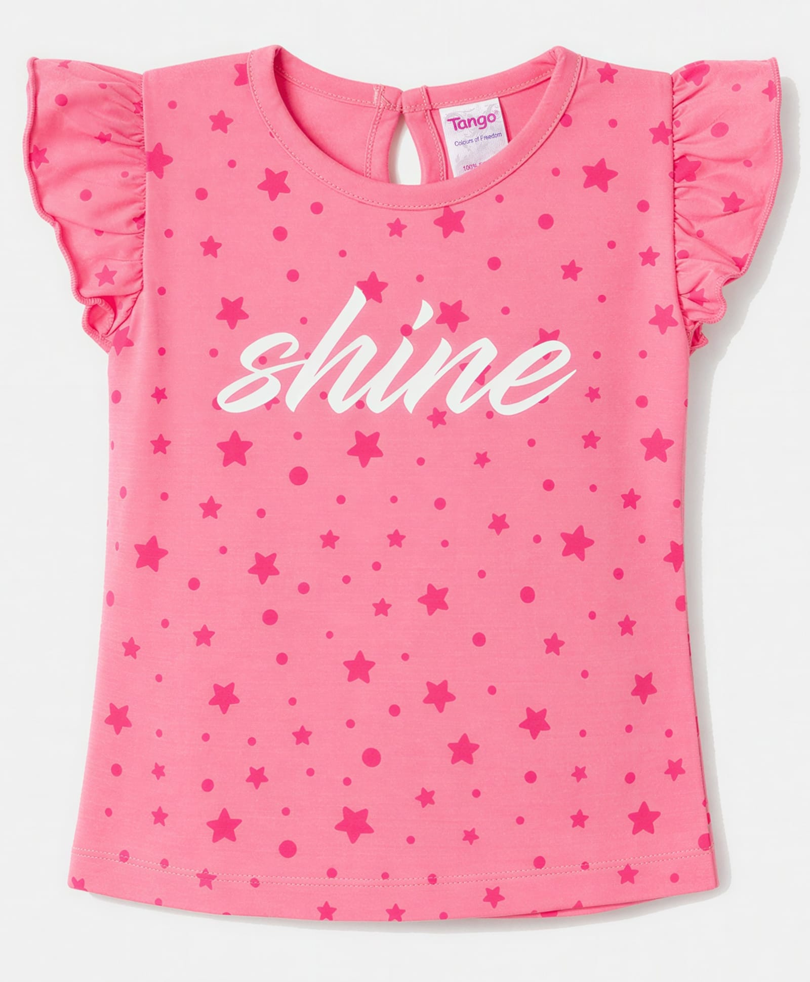 Tango Cotton Single Jersey Knit Half Frill Sleeves Star & Text Printed Top - Pink-picture-46