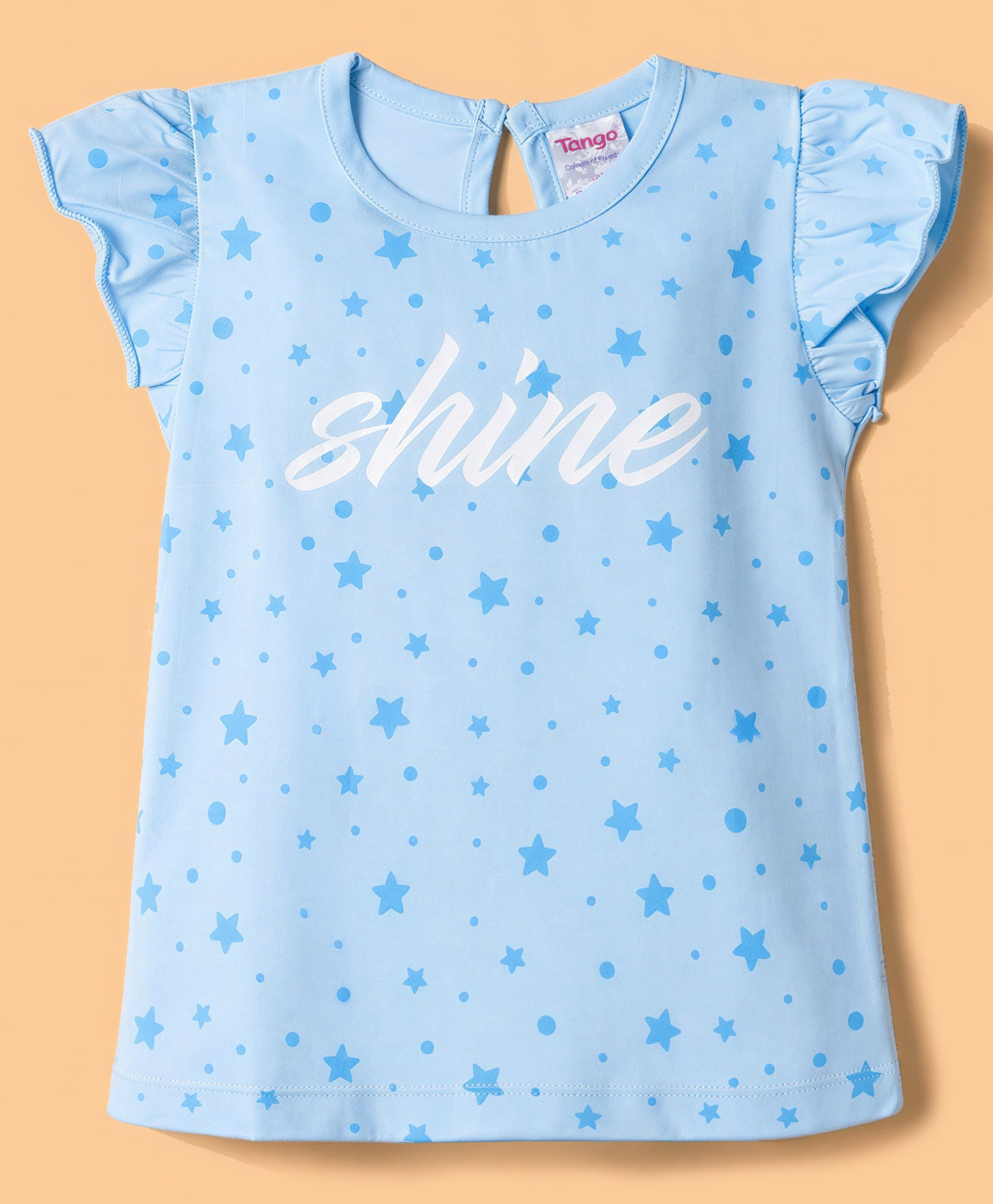 Tango Cotton Single Jersey Knit Half Frill Sleeves Star & Text Printed Top - Blue-picture-48
