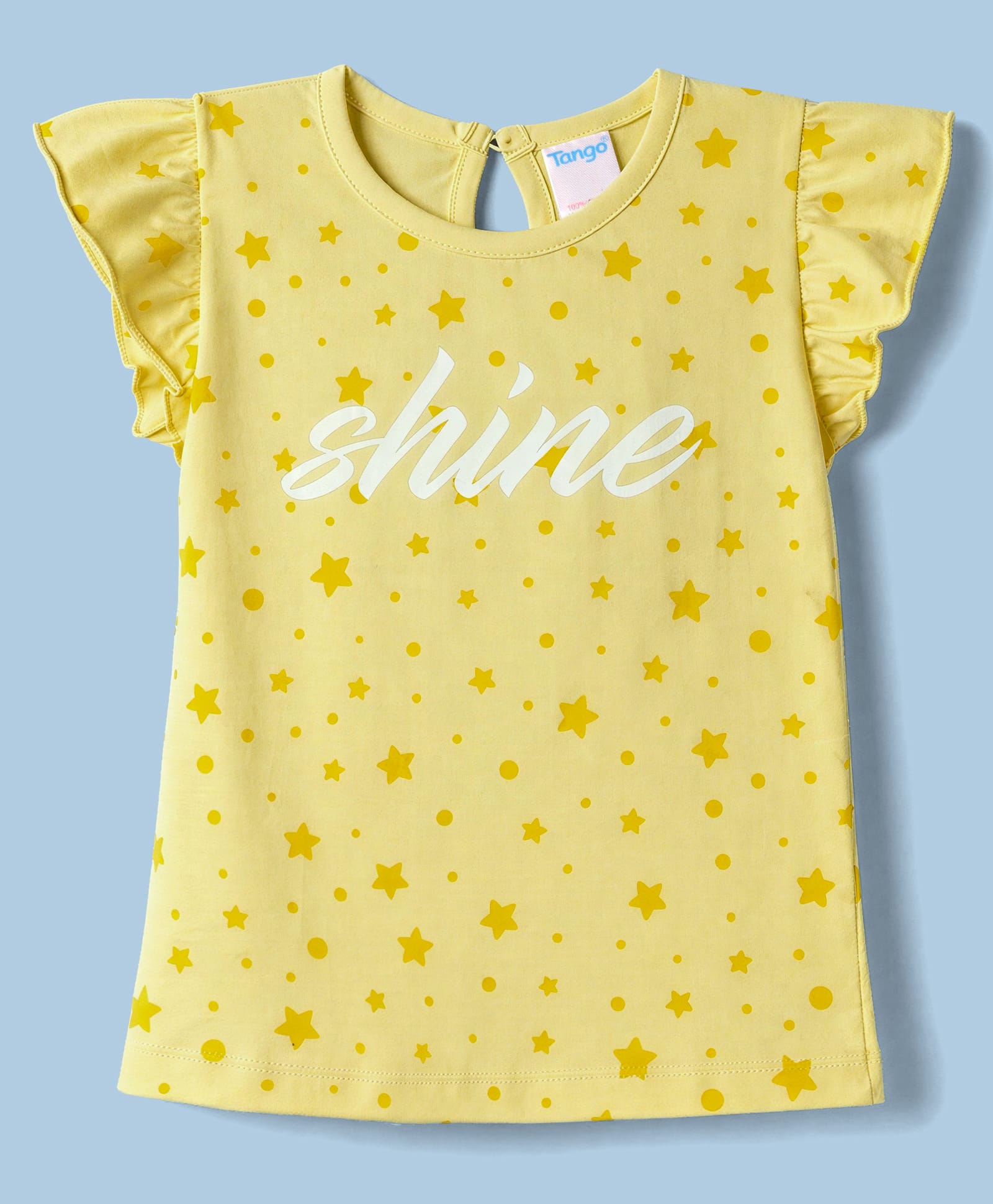 Tango Cotton Single Jersey Knit Half Frill Sleeves Star & Text Printed Top - Yellow-picture-0