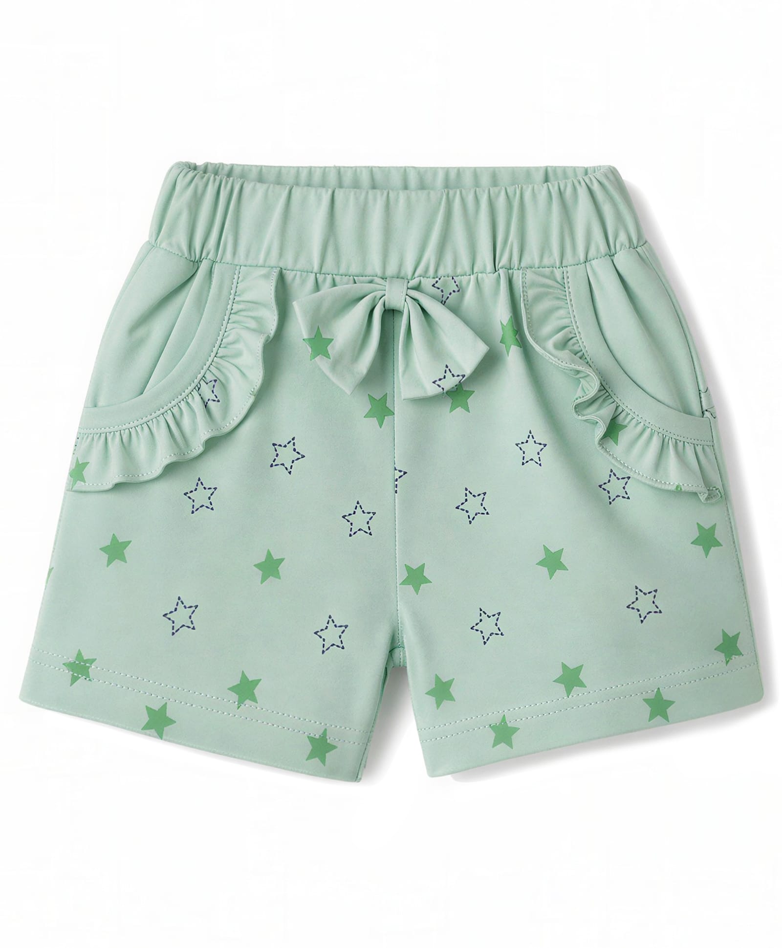 Tango Single Jersey Knit Above Knee Length Star Printed Shorts With Frill & Bow - Light Green-image-33
