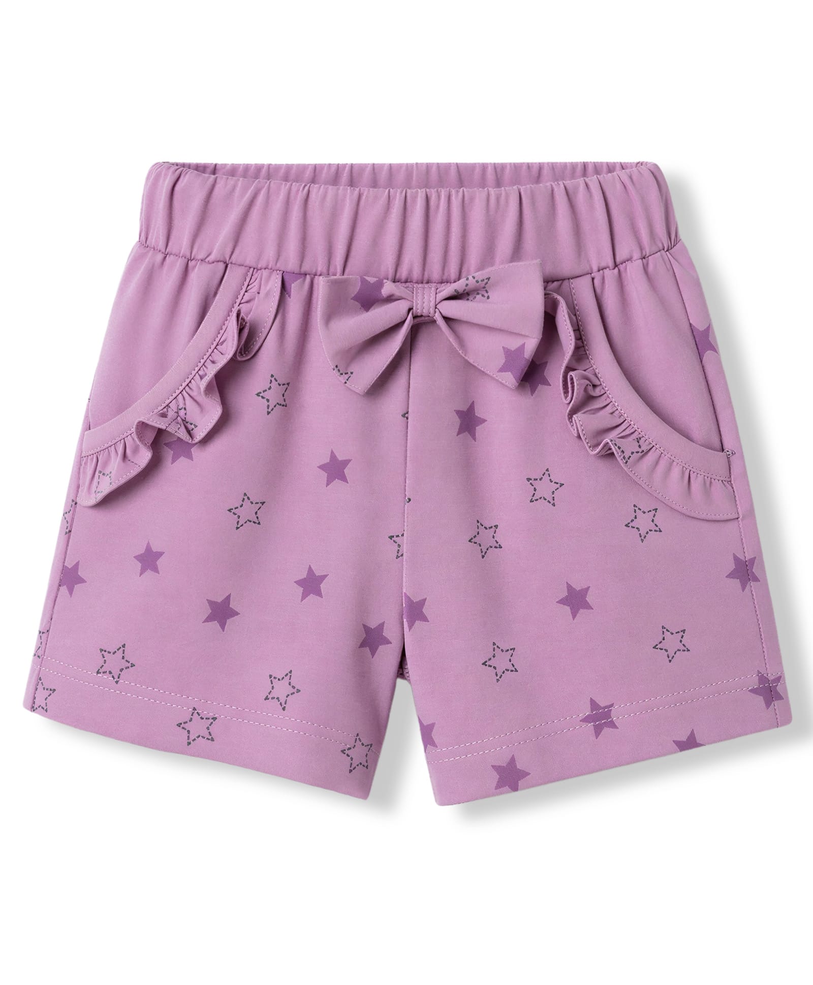 Tango Single Jersey Knit Above Knee Length Star Printed Shorts With Frill & Bow -Plum-image-32