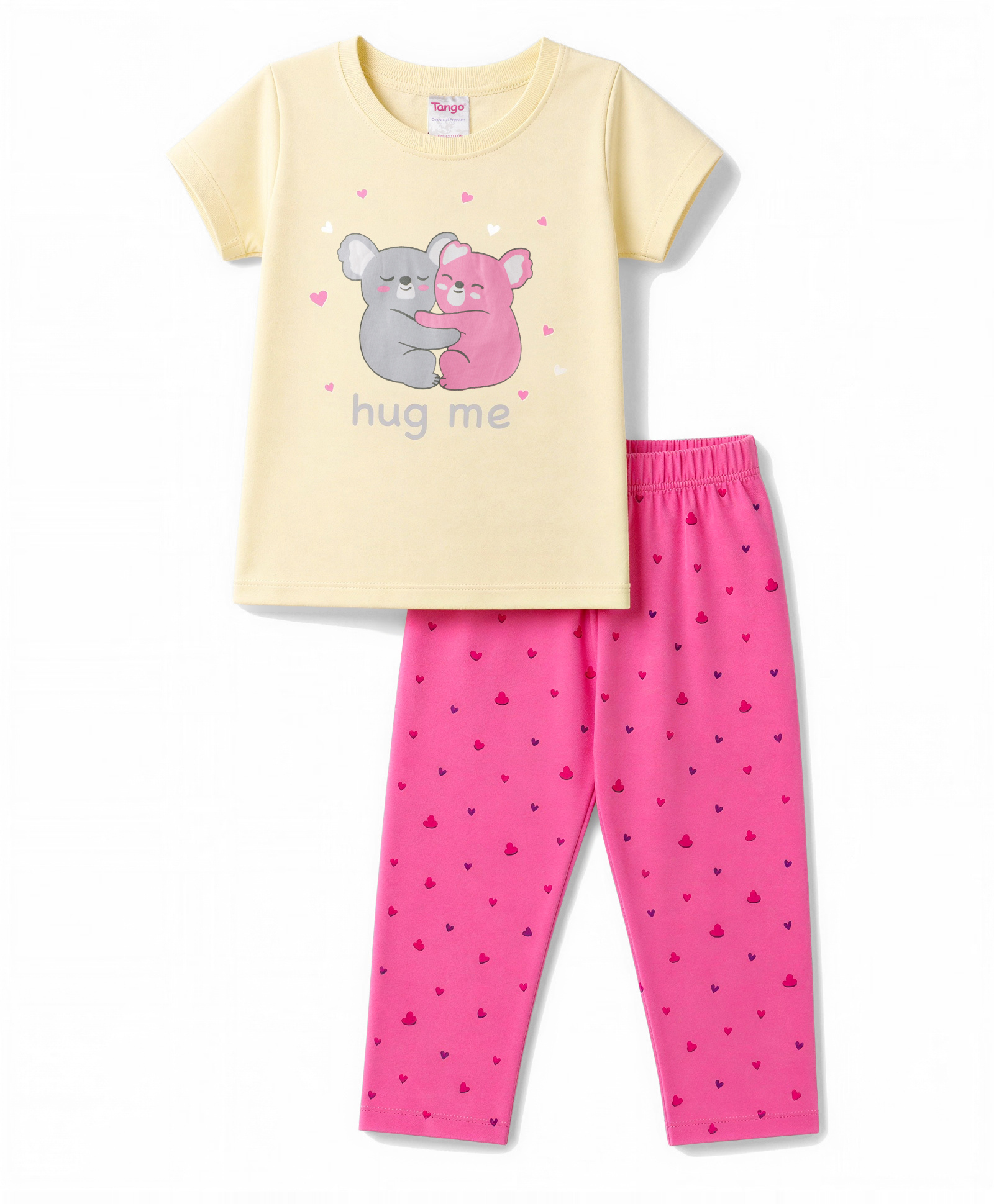 Tango Single Jersey Knit Half Sleeves Top & Pant With Teddy Bear & Heart Print - Golden-image-49
