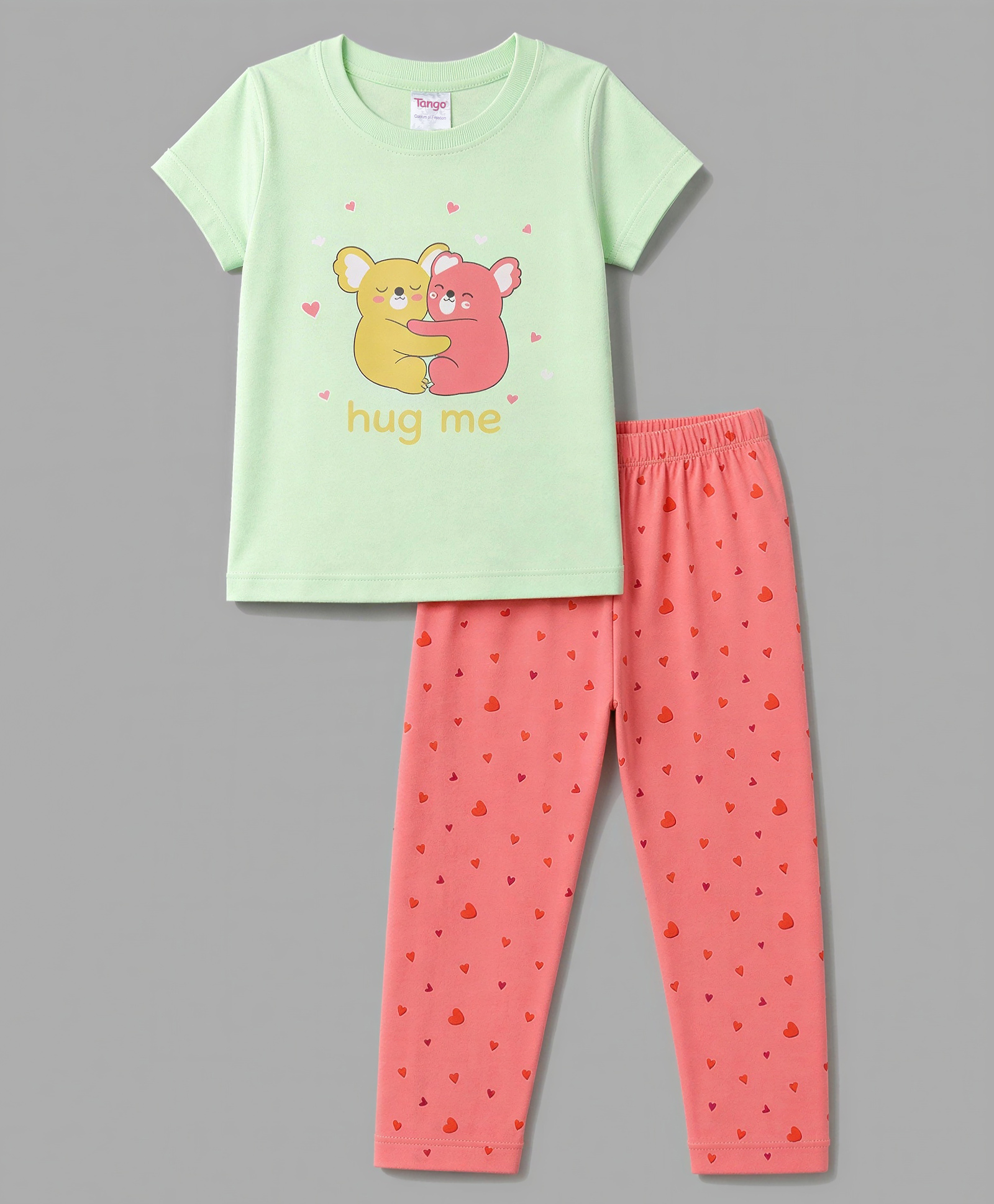 Tango Single Jersey Knit Half Sleeves Top & Pant With Teddy Bear & Heart Print - Green-picture-21