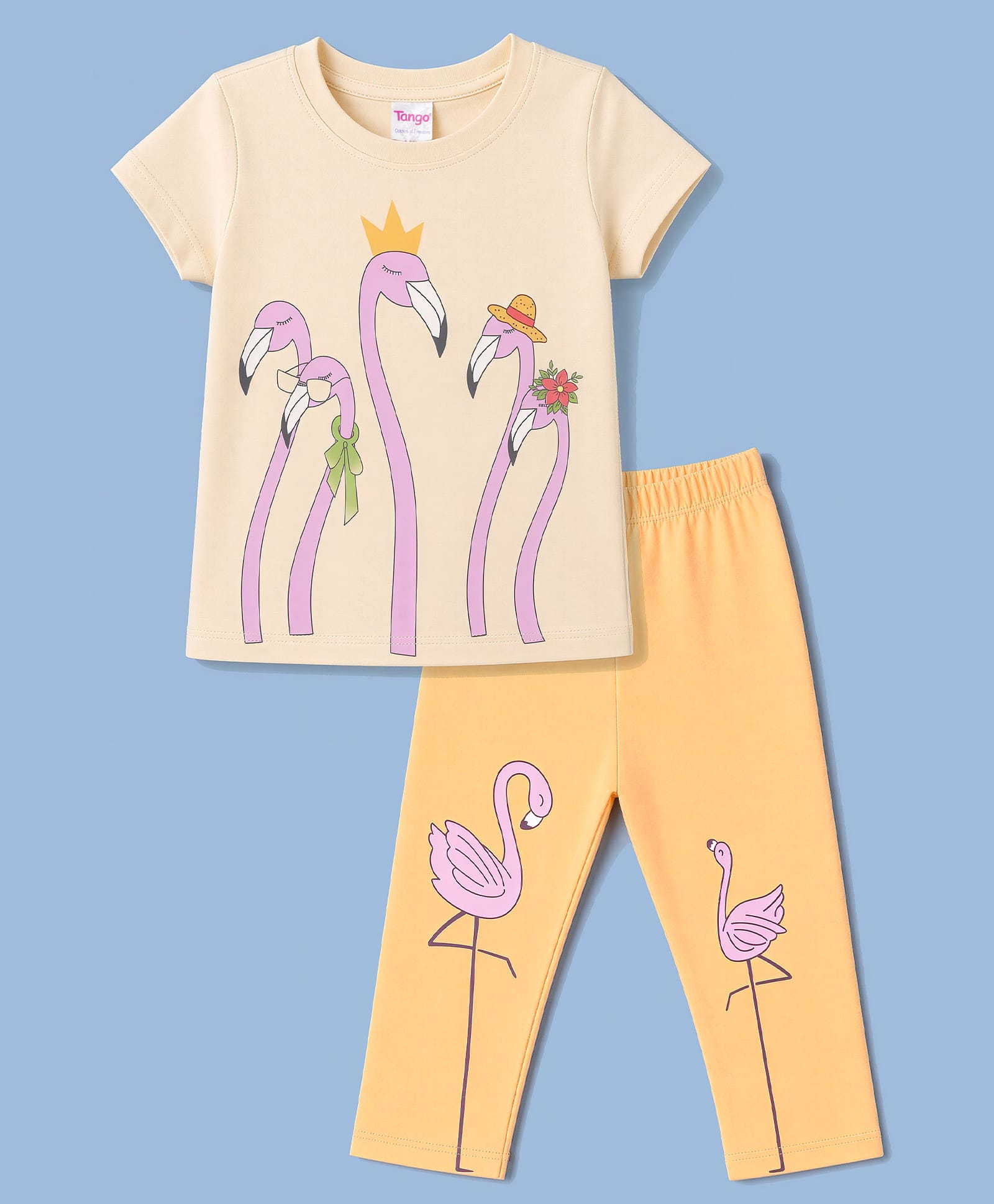 Tango Single Jersey Knit Half Sleeves Top & Pant With Flamingo Print - Cream-picture-17