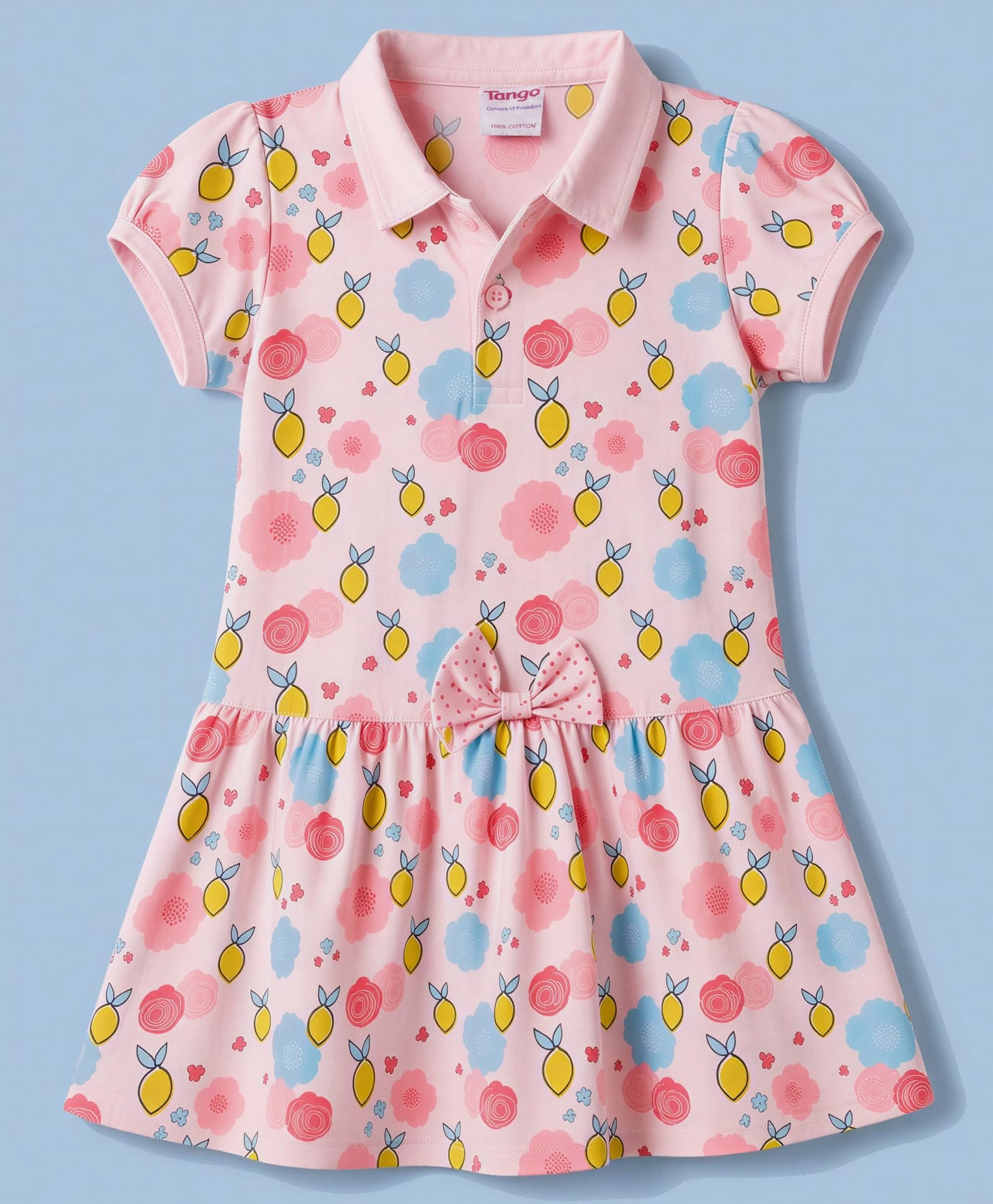 Tango Single Jersey Knit Half Sleeves Frock With Floral Print & Bow Applique - Pink-picture-14