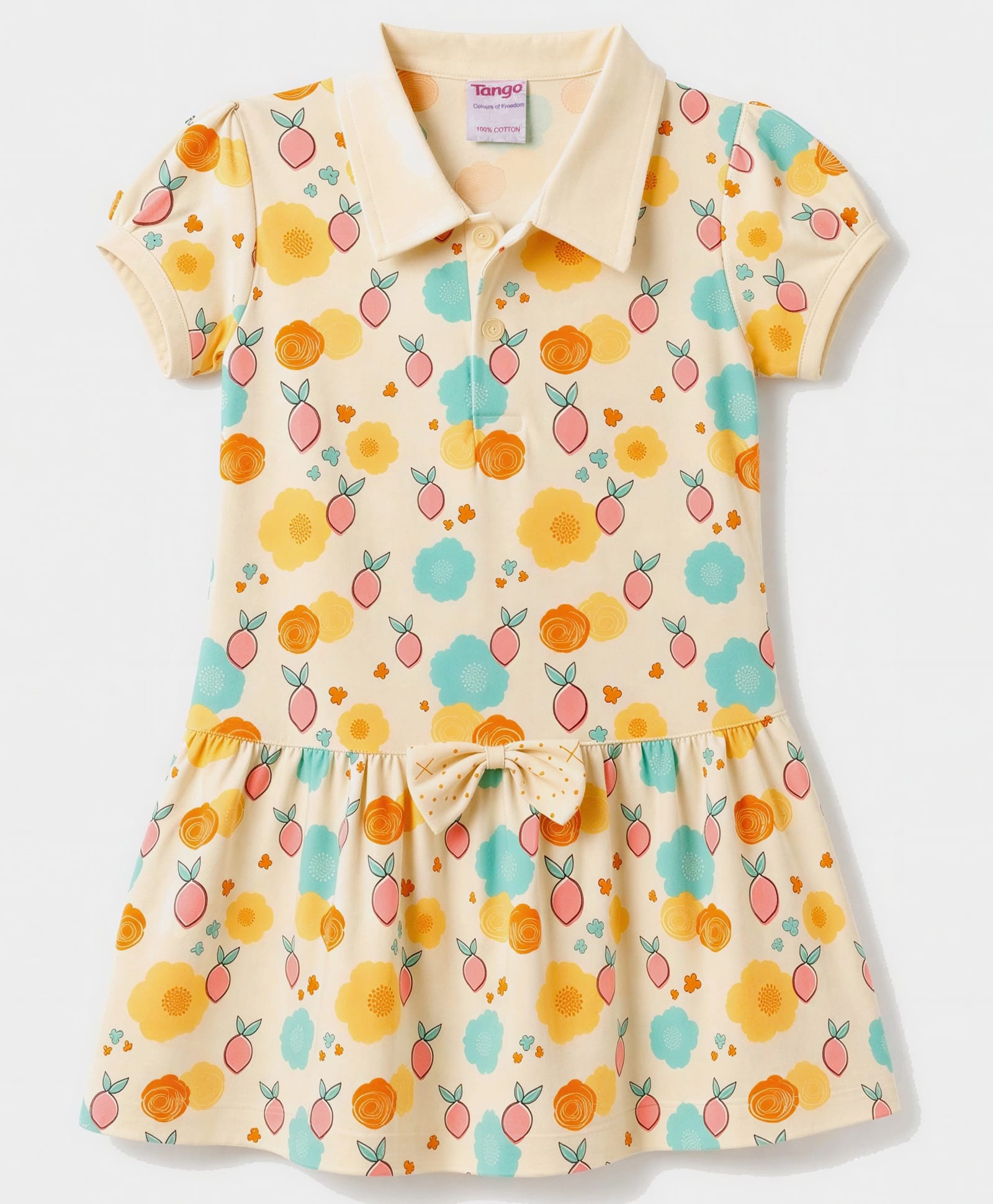Tango Single Jersey Knit Half Sleeves Frock With Floral Print & Bow Applique - Yellow-picture-17