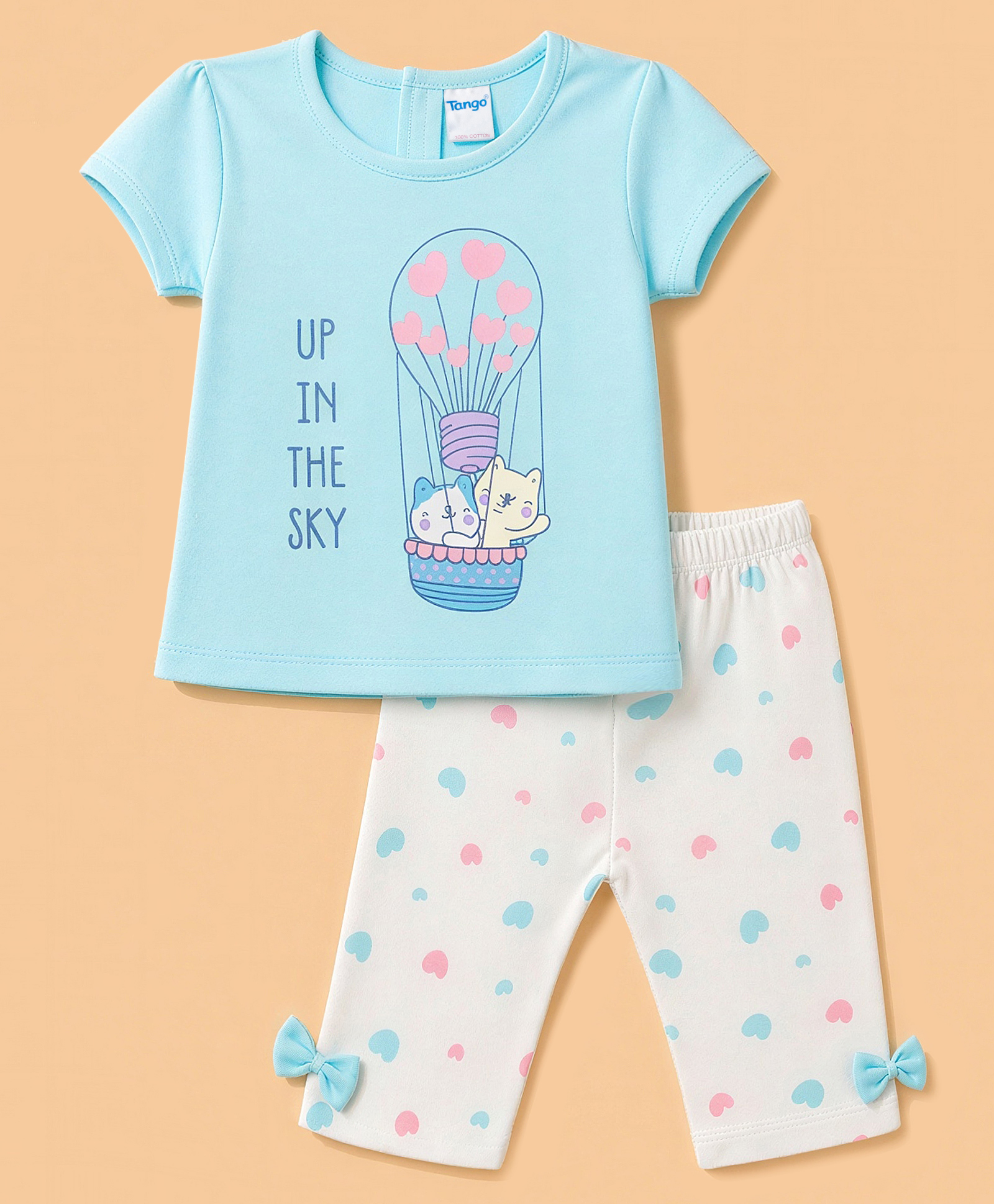 Tango Single Jersey Knit Half Sleeves Top & Bow Applique Capri With Kitty & Heart Print - Blue-image-33