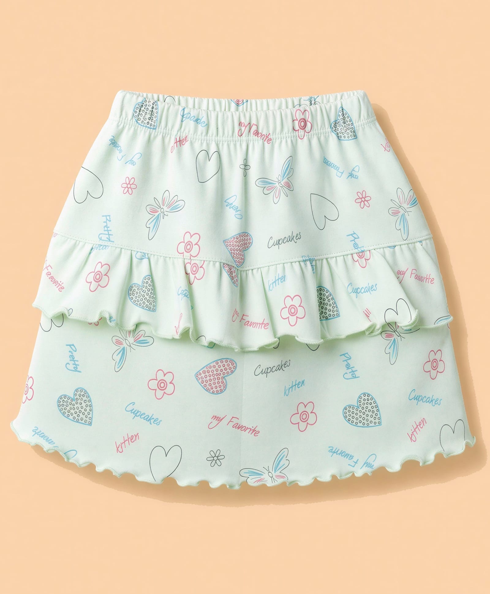 Tango Single Jersey Knit Knee Length Hearts & Butterfly Printed Skirt - Light Green-image-15