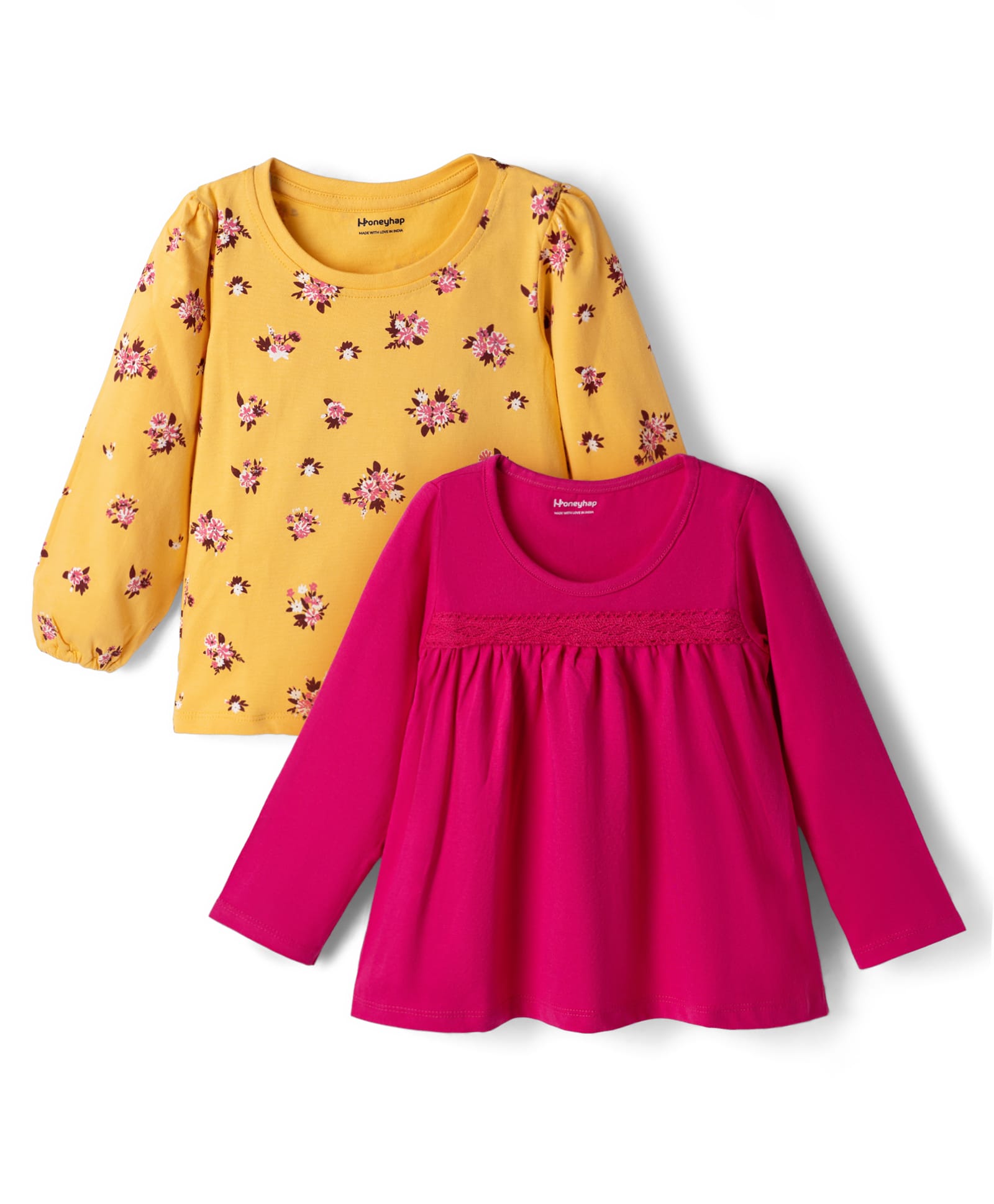 Honeyhap Premium 100% Cotton Knit Full Sleeves Floral Printed Tops Pack Of 2 - Yellow & Dark Pink-image-32
