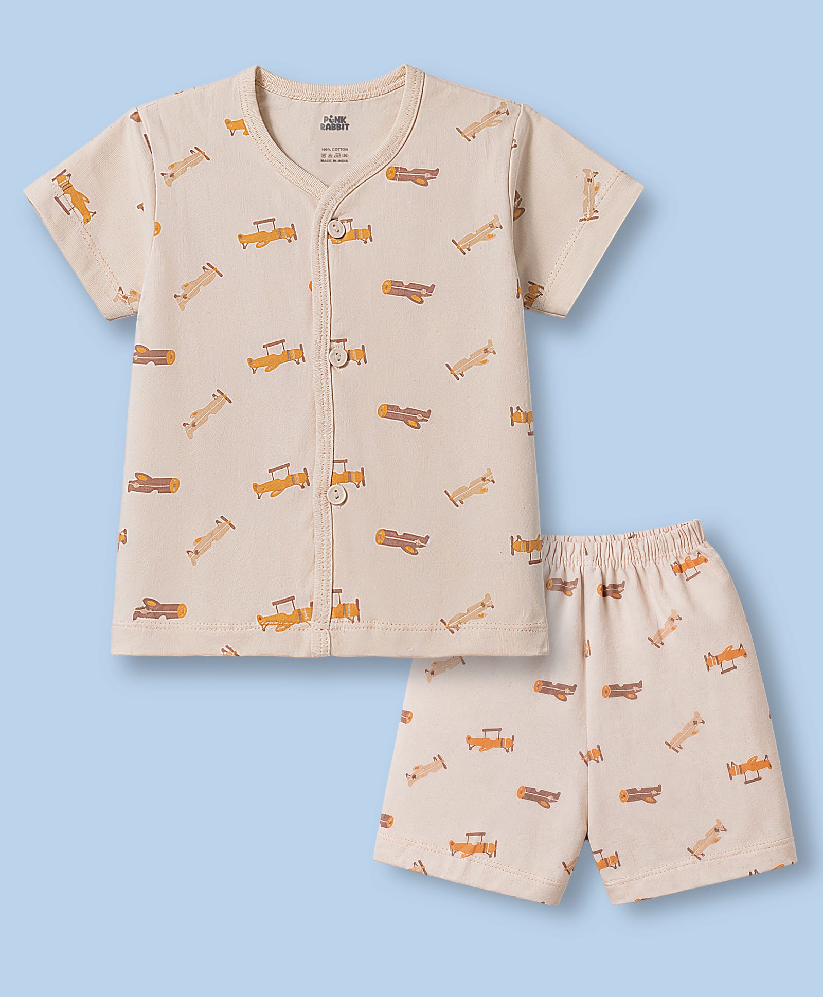 Pink Rabbit Sinker Knit Half Sleeves Airplane Printed Co-Ords T-Shirt Shorts Night Suit - Cream-image-47