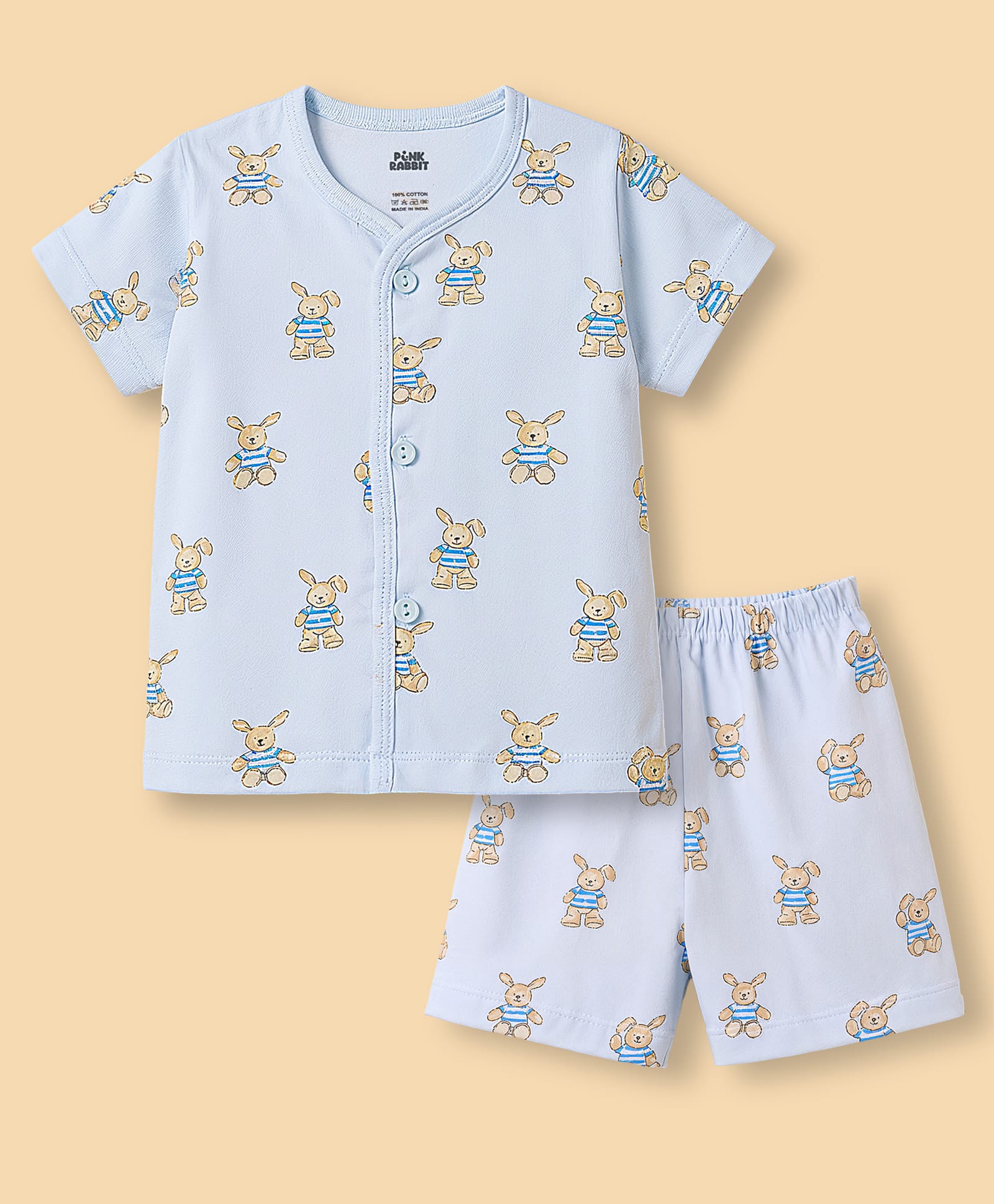 Pink Rabbit Sinker Knit Half Sleeves Bear Printed Co-Ords T-Shirt Shorts Night Suit - Light Blue-image-44