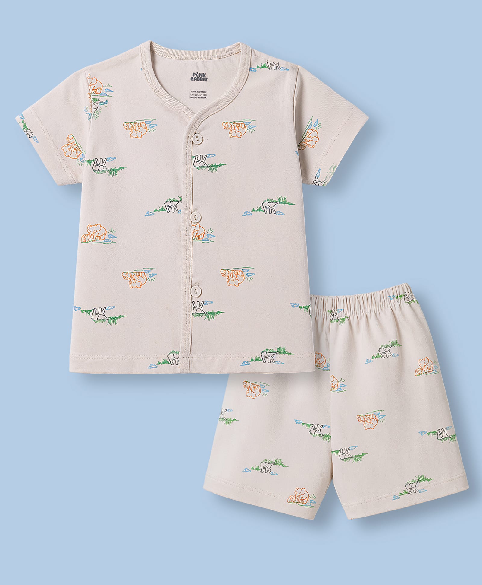 Pink Rabbit Sinker Knit Half Sleeves Elephant Printed Co-Ords T-Shirt Shorts Night Suit - Grey-image-8