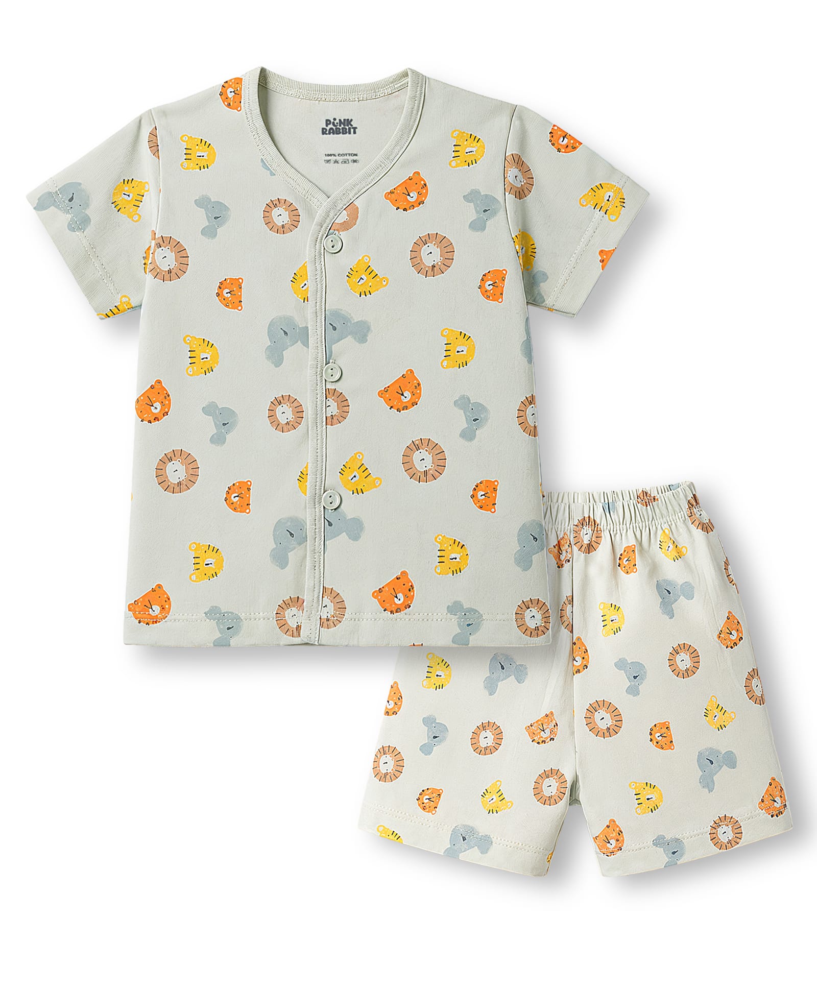 Pink Rabbit Sinker Knit Half Sleeves Animal Face Printed Co-Ords T-Shirt Shorts Night Suit - Mint-image-25