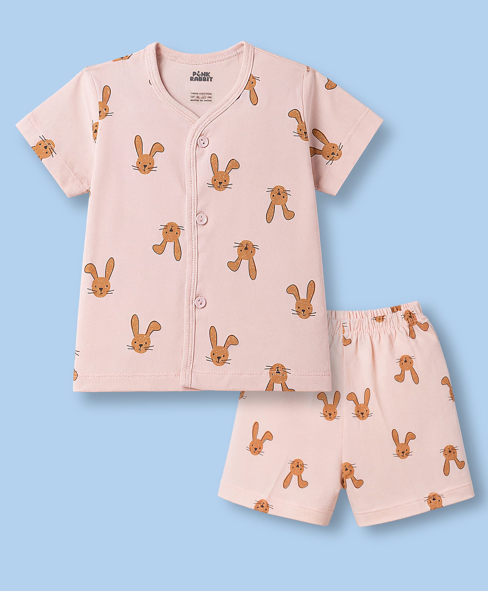 Pink Rabbit Sinker Knit Half Sleeves Bunny Printed Co-Ords T-Shirt Shorts Night Suit - Peach-picture-15
