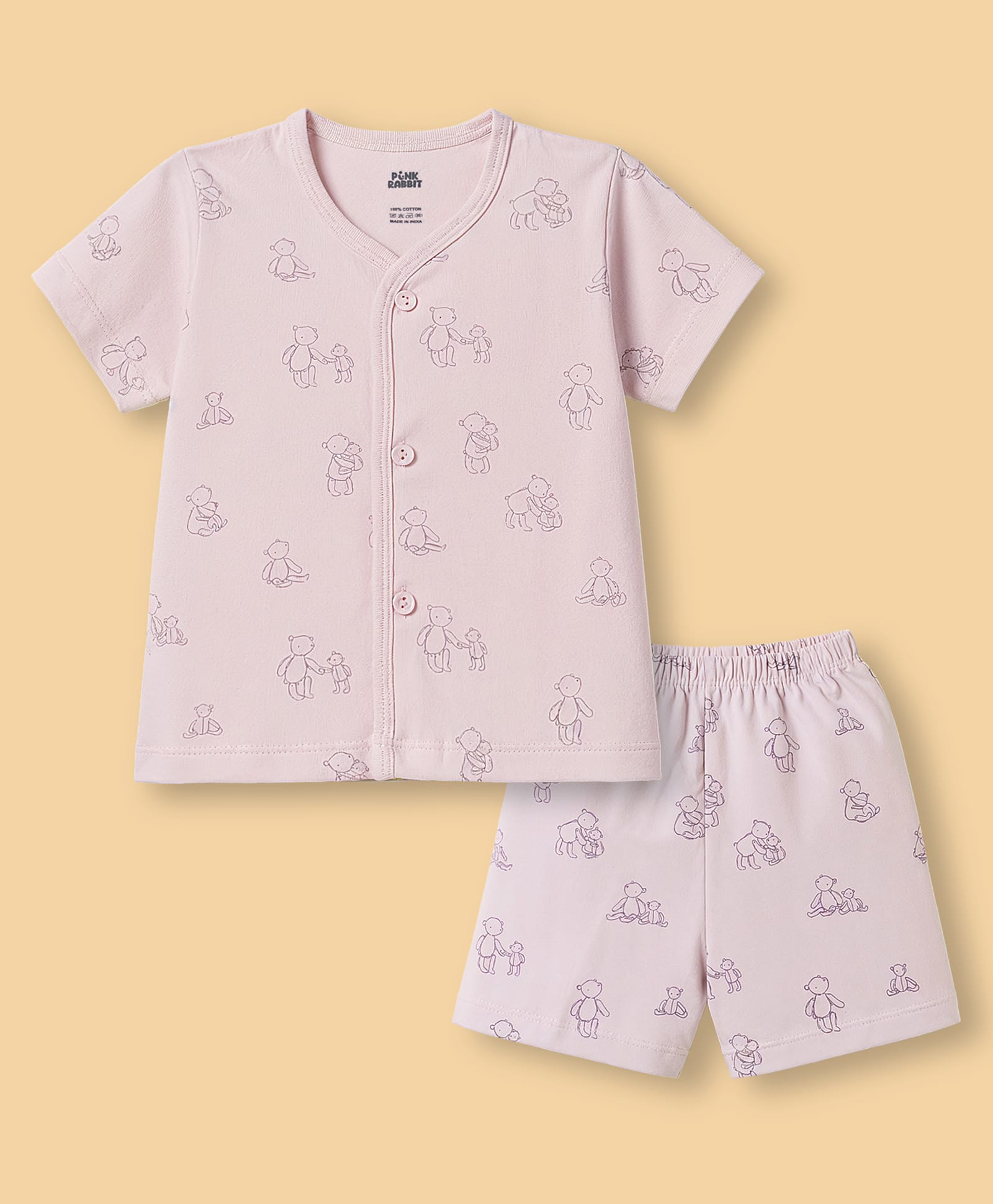 Pink Rabbit Sinker Knit Half Sleeves Bear Printed Co-Ords T-Shirt Shorts Night Suit - Light Pink-image-44