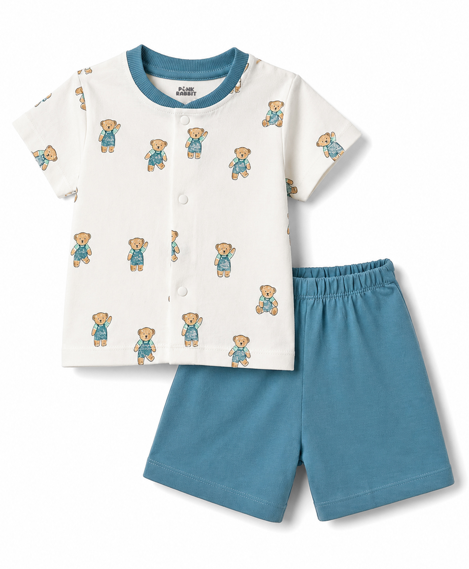 Pink Rabbit Sinker Knit Half Sleeves T-Shirt & Shorts Set With Teddy Print - Blue-picture-34