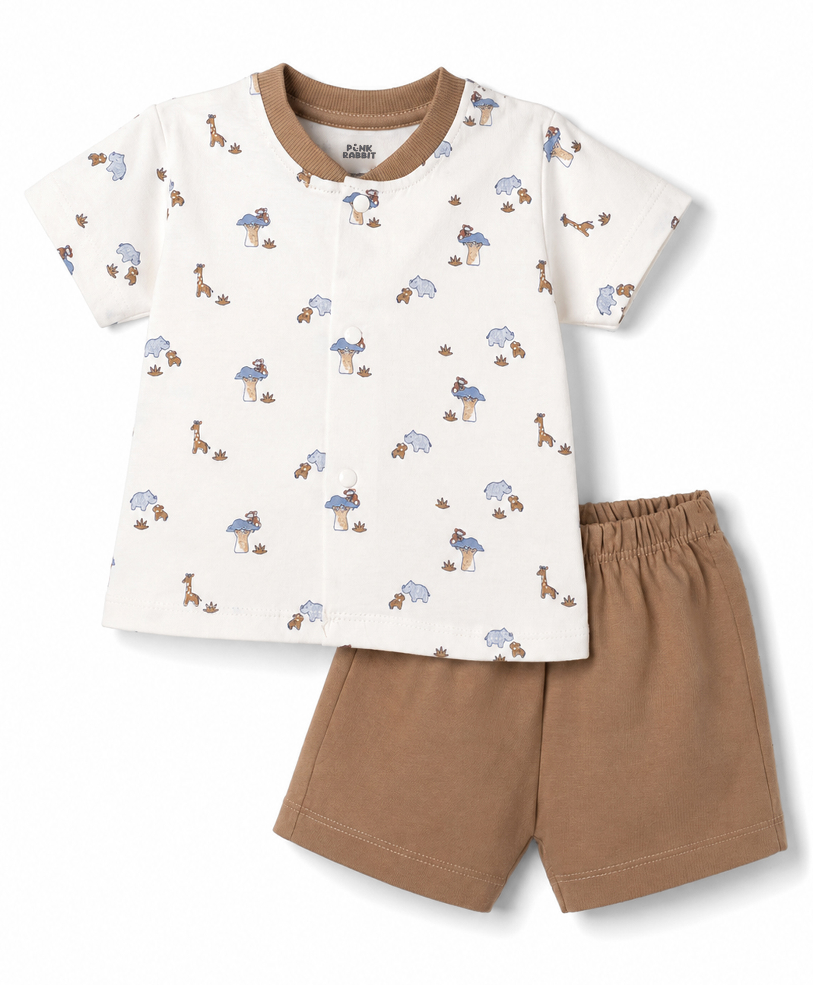 Pink Rabbit Sinker Knit Half Sleeves T-Shirt & Shorts Set With Giraffe Print - Brown-picture-32
