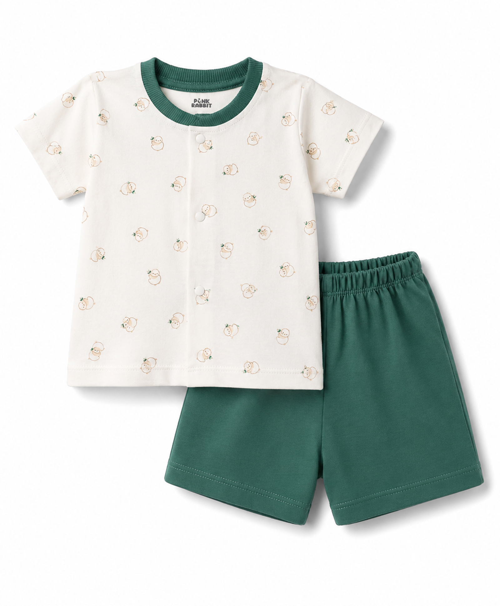 Pink Rabbit Sinker Knit Half Sleeves T-Shirt & Shorts Set With Animal Print - Dark Green-image-28