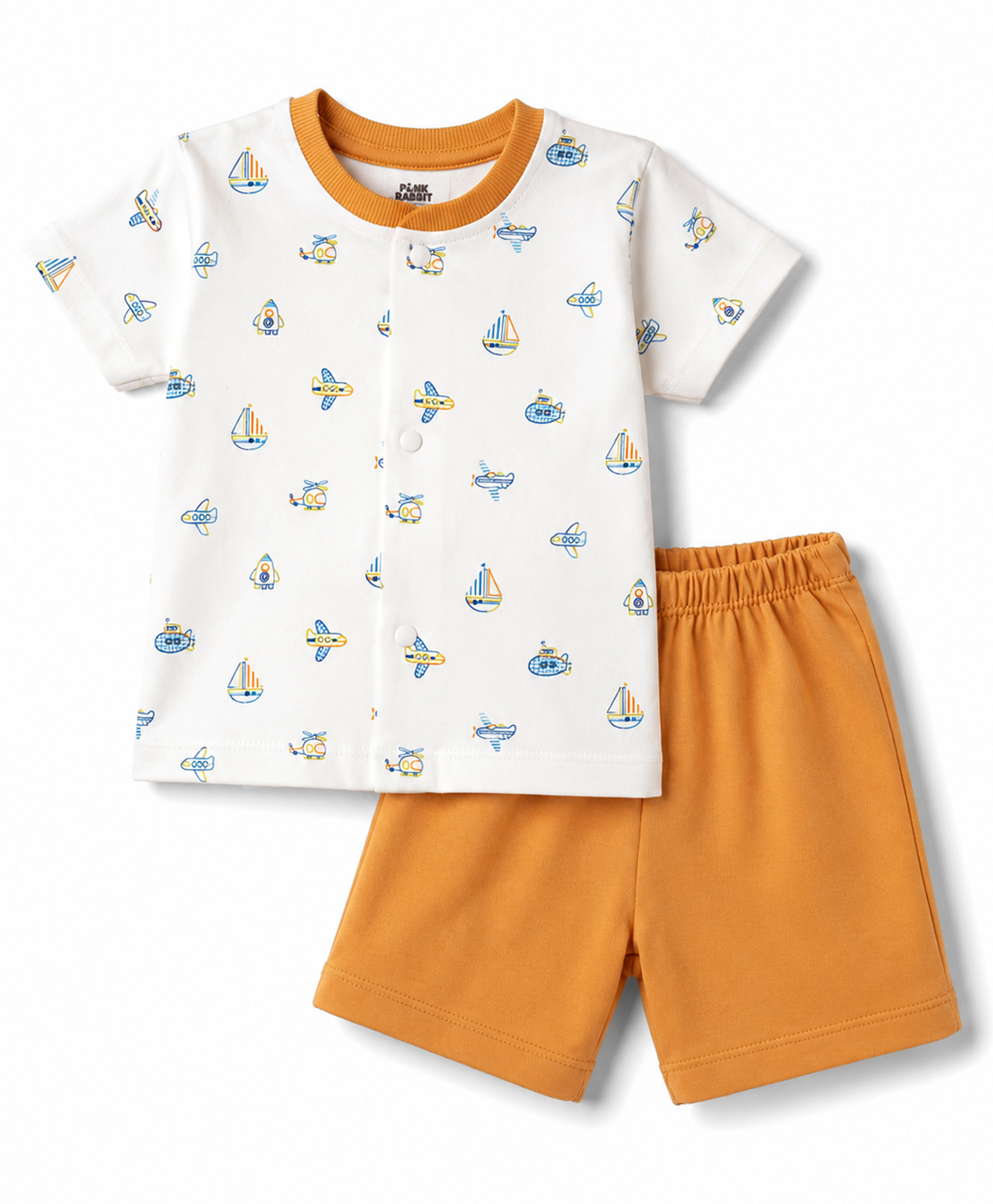 Pink Rabbit Sinker Knit Half Sleeves T-Shirt & Shorts Set With Boat & Aeroplane Print - Rust Orange-image-20