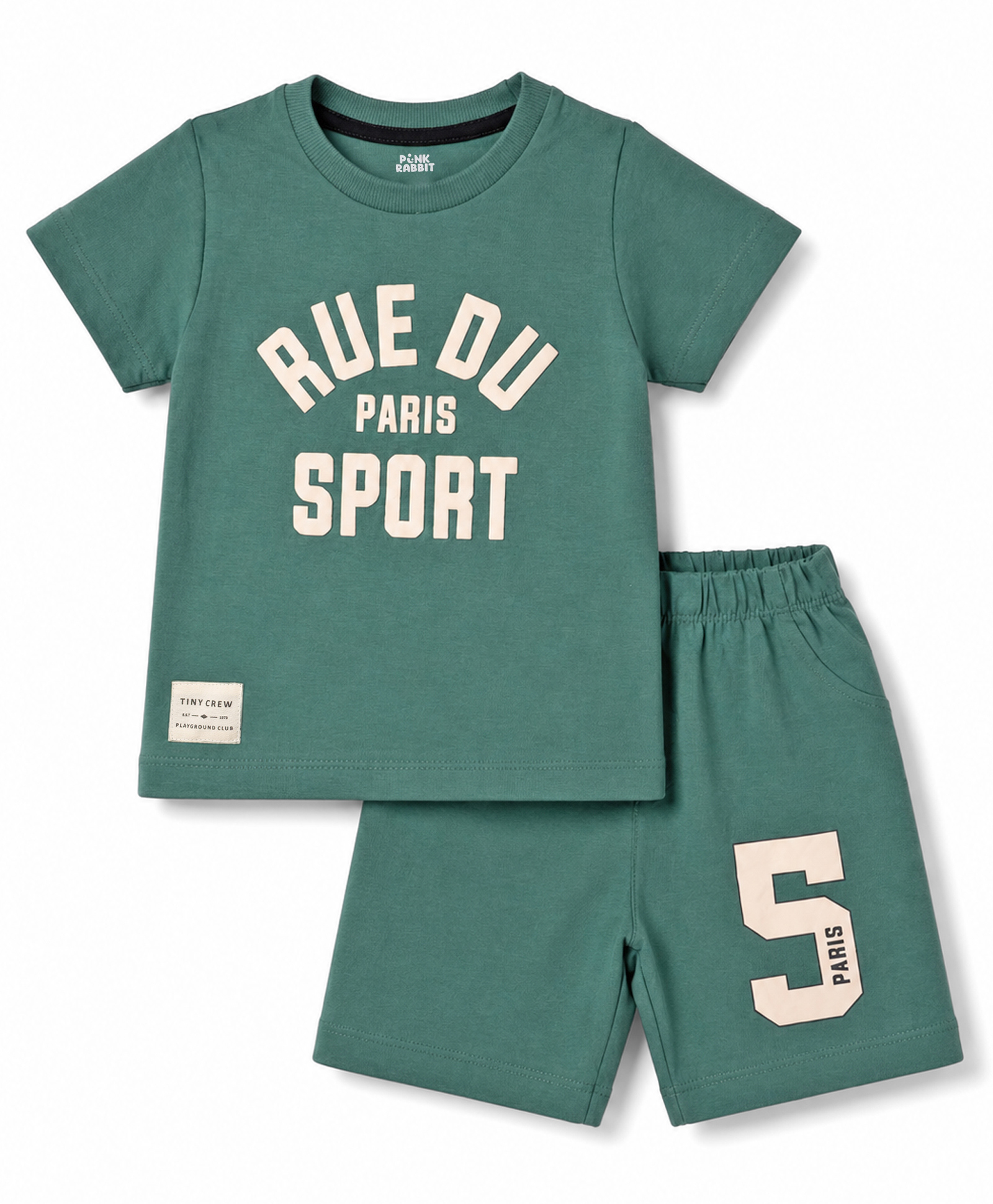 Pink Rabbit Sinker Knit Half Sleeves T-Shirt & Shorts Set With Text Print - Green-image-28