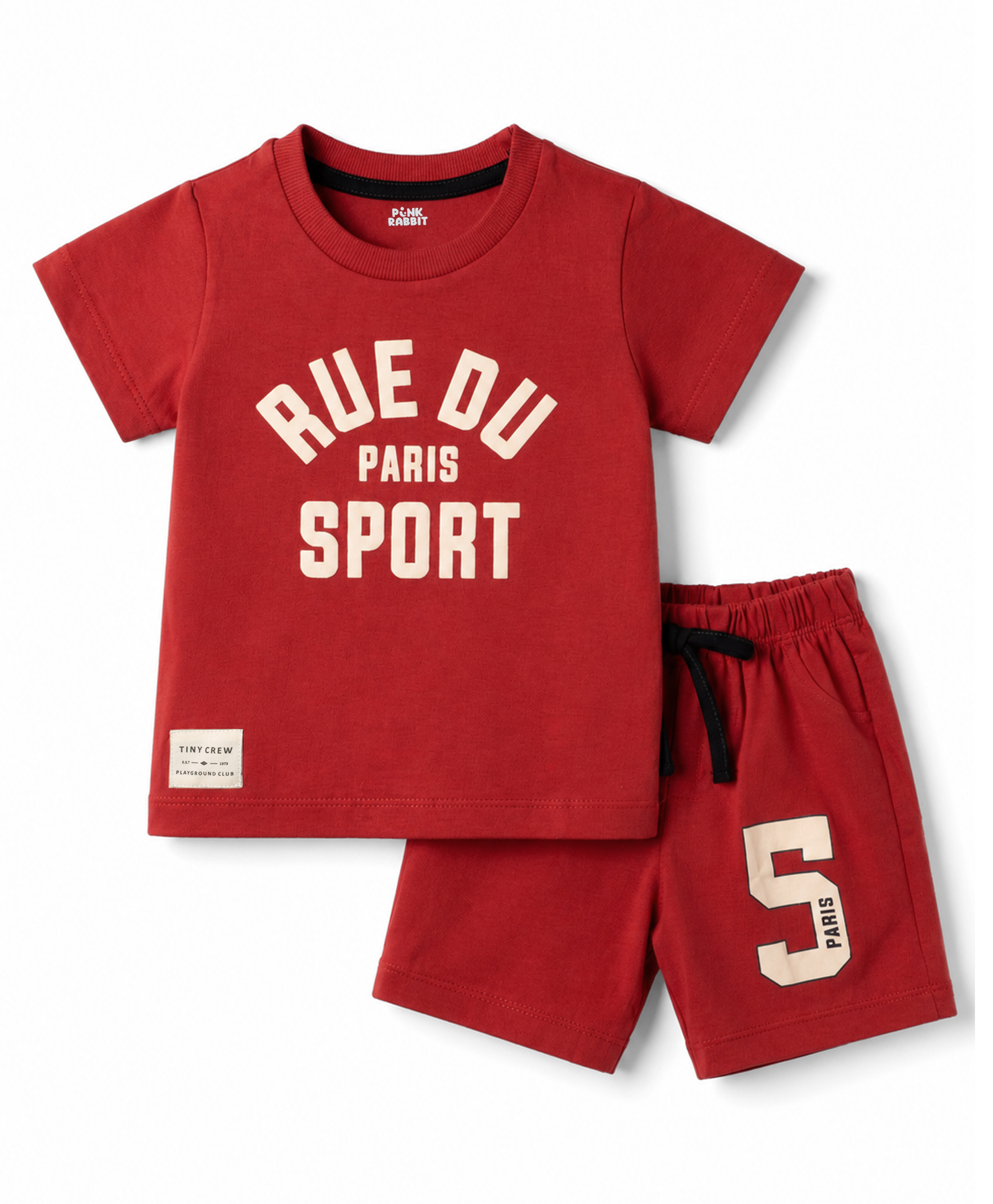 Pink Rabbit Sinker Knit Half Sleeves T-Shirt & Shorts Set With Text Print - Dark Red-image-23