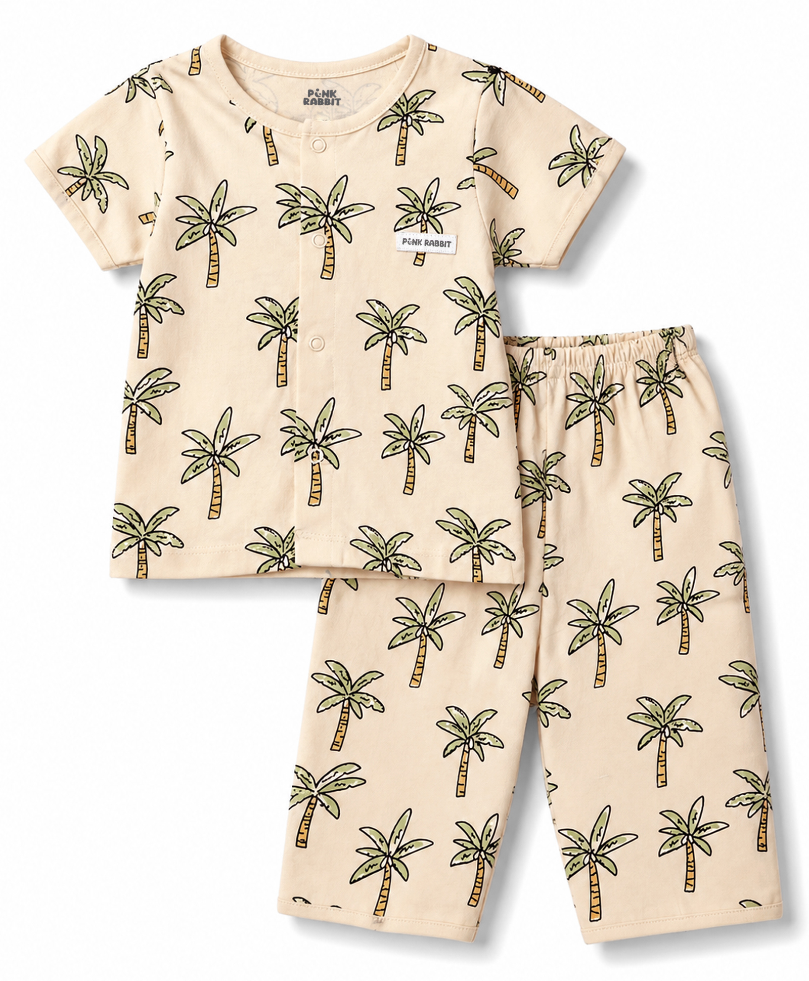 Pink Rabbit Sinker Knit Half Sleeves T-Shirt & Shorts Set With Tree Print - Cream-picture-19