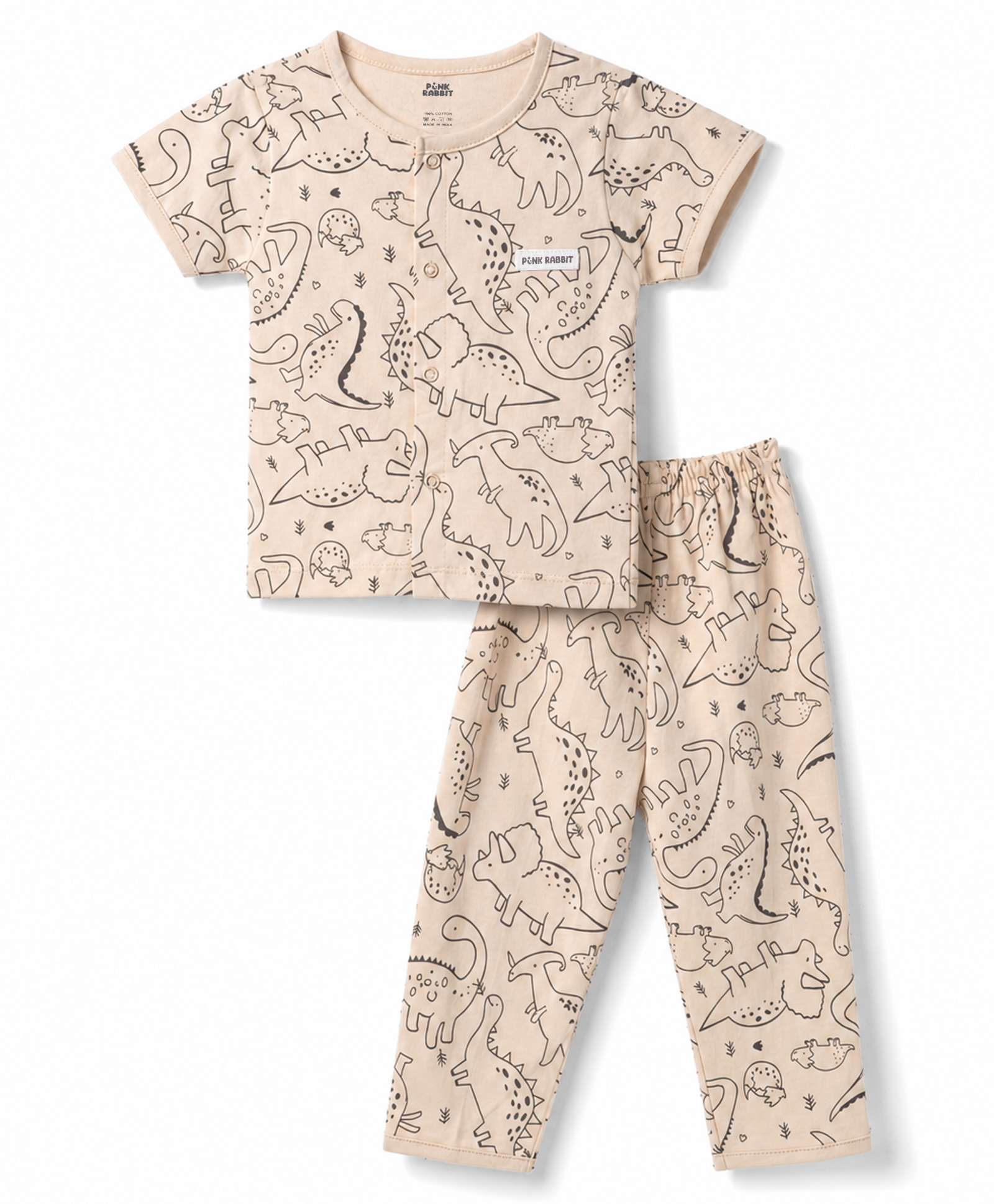 Pink Rabbit Sinker Knit Half Sleeves T-Shirt & Pyjama Set With Dino Print - Light Grey-image-30