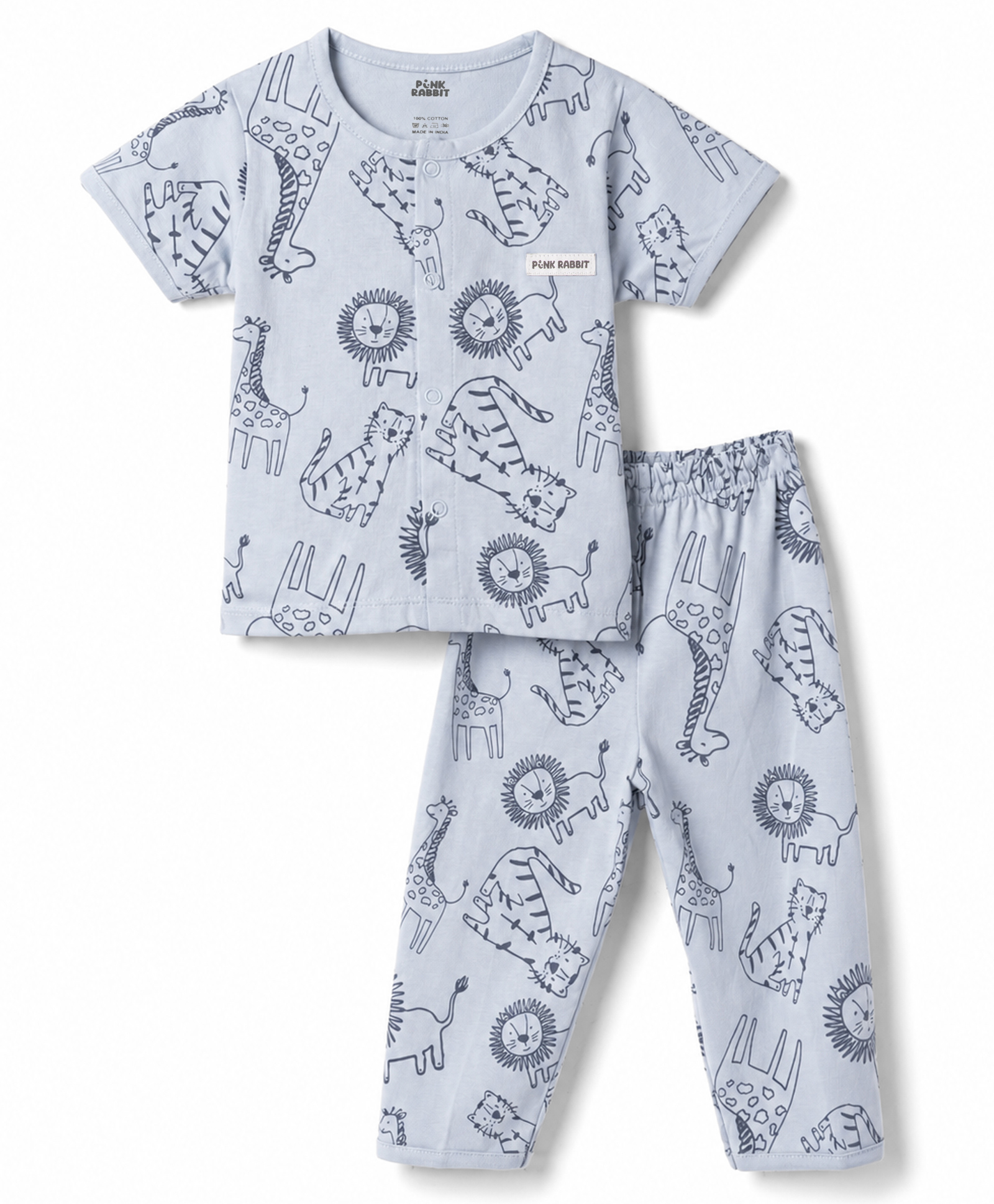 Pink Rabbit Sinker Knit Half Sleeves T-Shirt & Pyjama Set With Dino Print - Blue-picture-15
