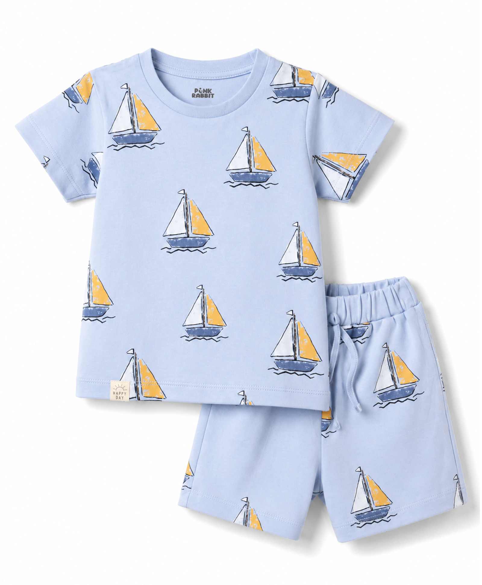 Pink Rabbit Sinker Knit Half Sleeves T-Shirt & Shorts Set With Boat Print - Blue-picture-13