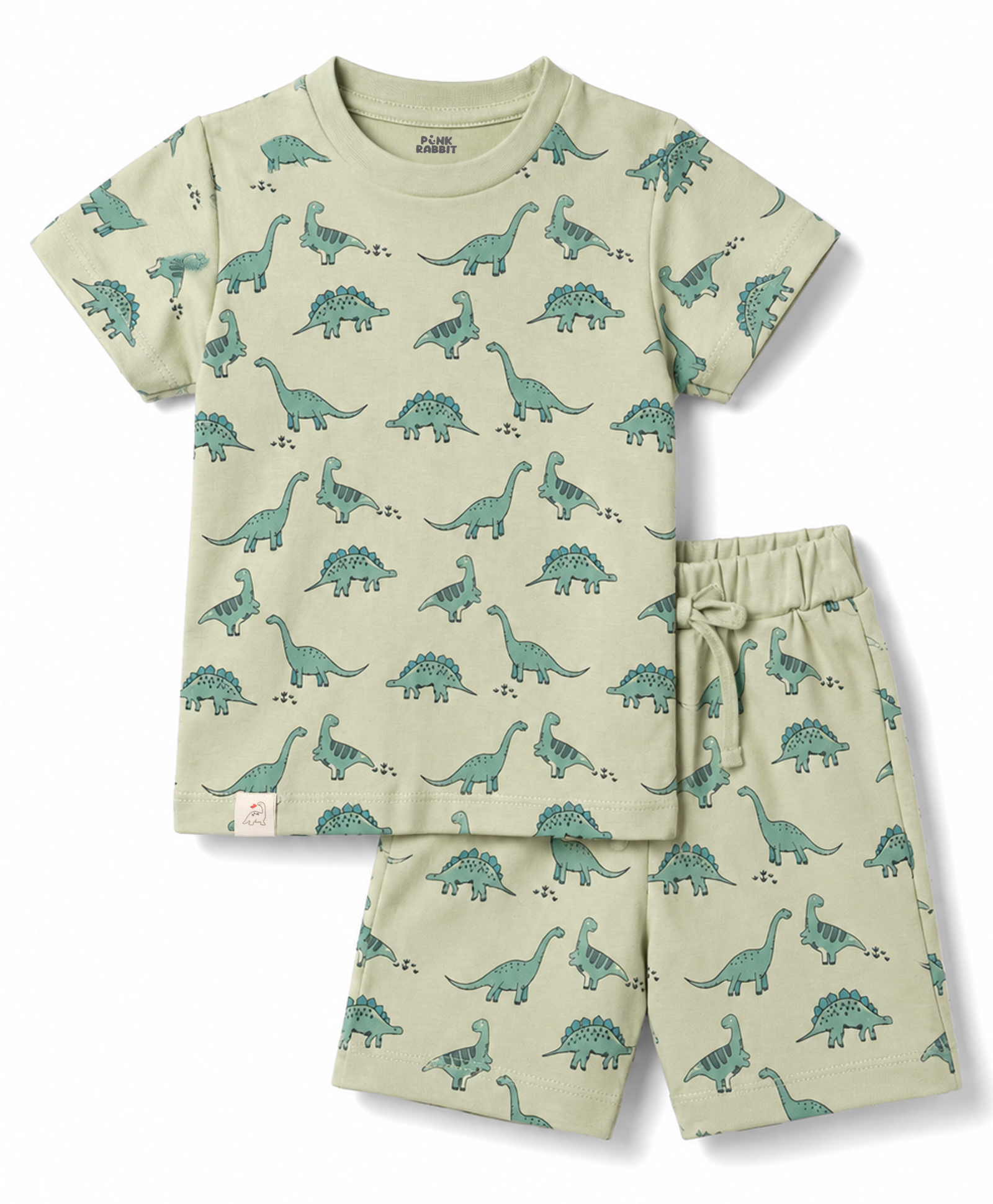 Pink Rabbit Sinker Knit Half Sleeves T-Shirt & Shorts Set With Dino Print - Green-image-29