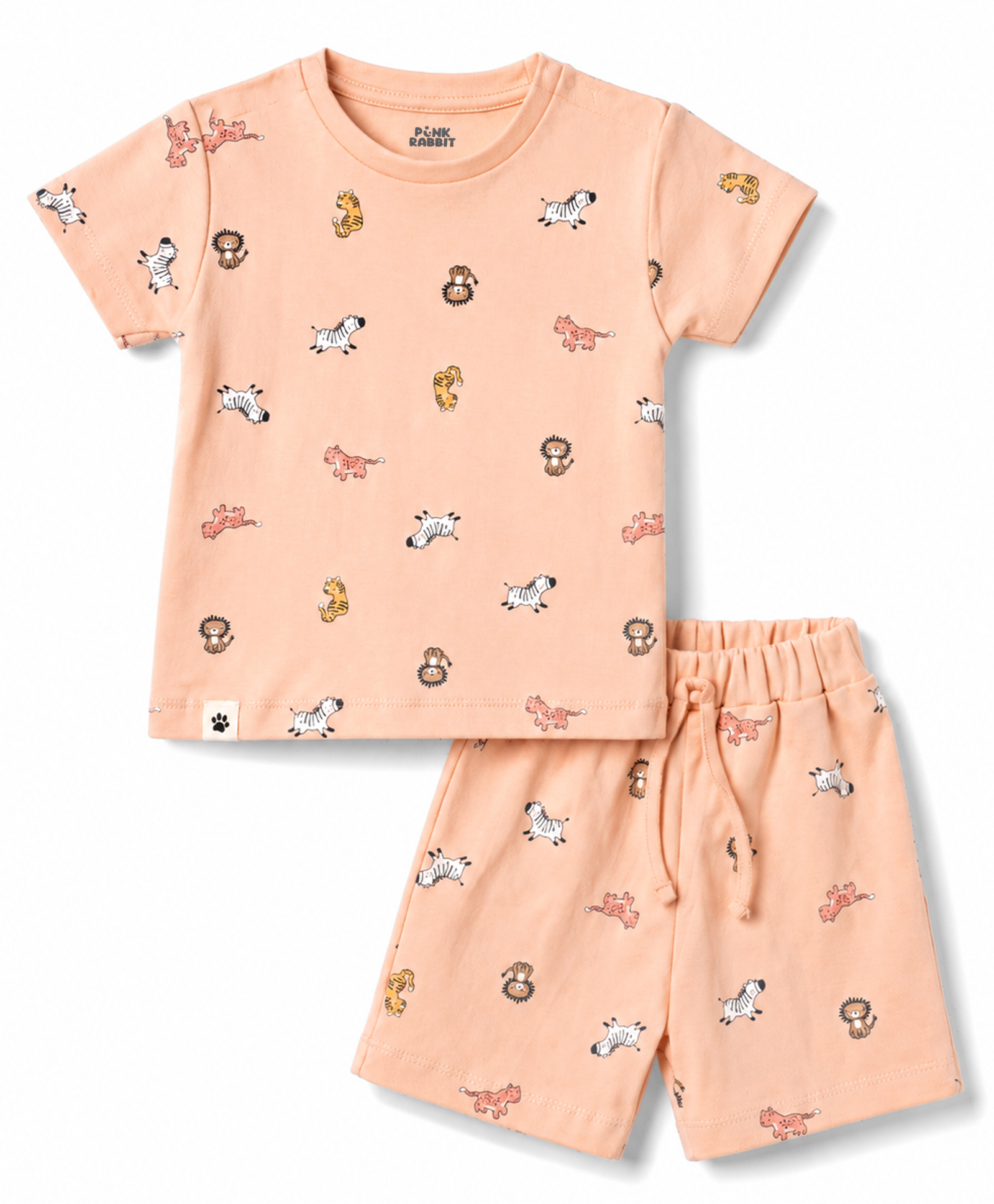 Pink Rabbit Sinker Knit Half Sleeves T-Shirt & Shorts Set With Animal Print - Peach-picture-46