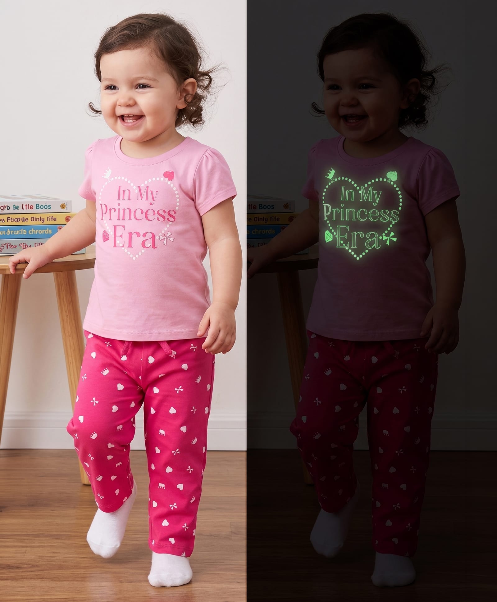 Honeyhap Premium 100% Cotton Knit Half Sleeves T-Shirt & Pyjama Night Suit with Bio Finish Heart Print - Pink-picture-10