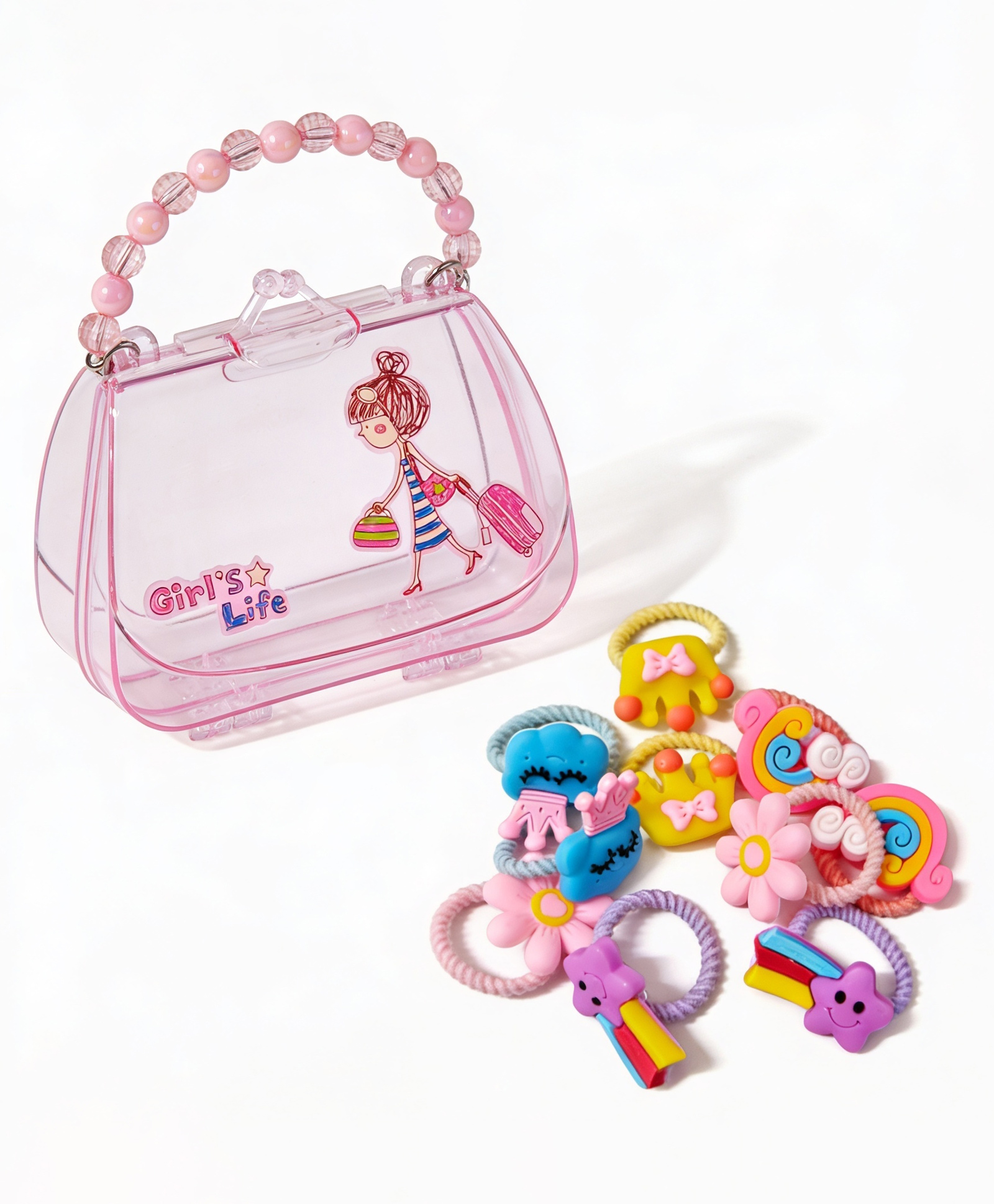 BitFeex Mini Transparent Handbag Toy with Hair Accessories Set for Kids | Cute Girls Purse with Colorful Rubber Bands | Pretend Play Fashion Toy for Toddlers & Girls-picture-27
