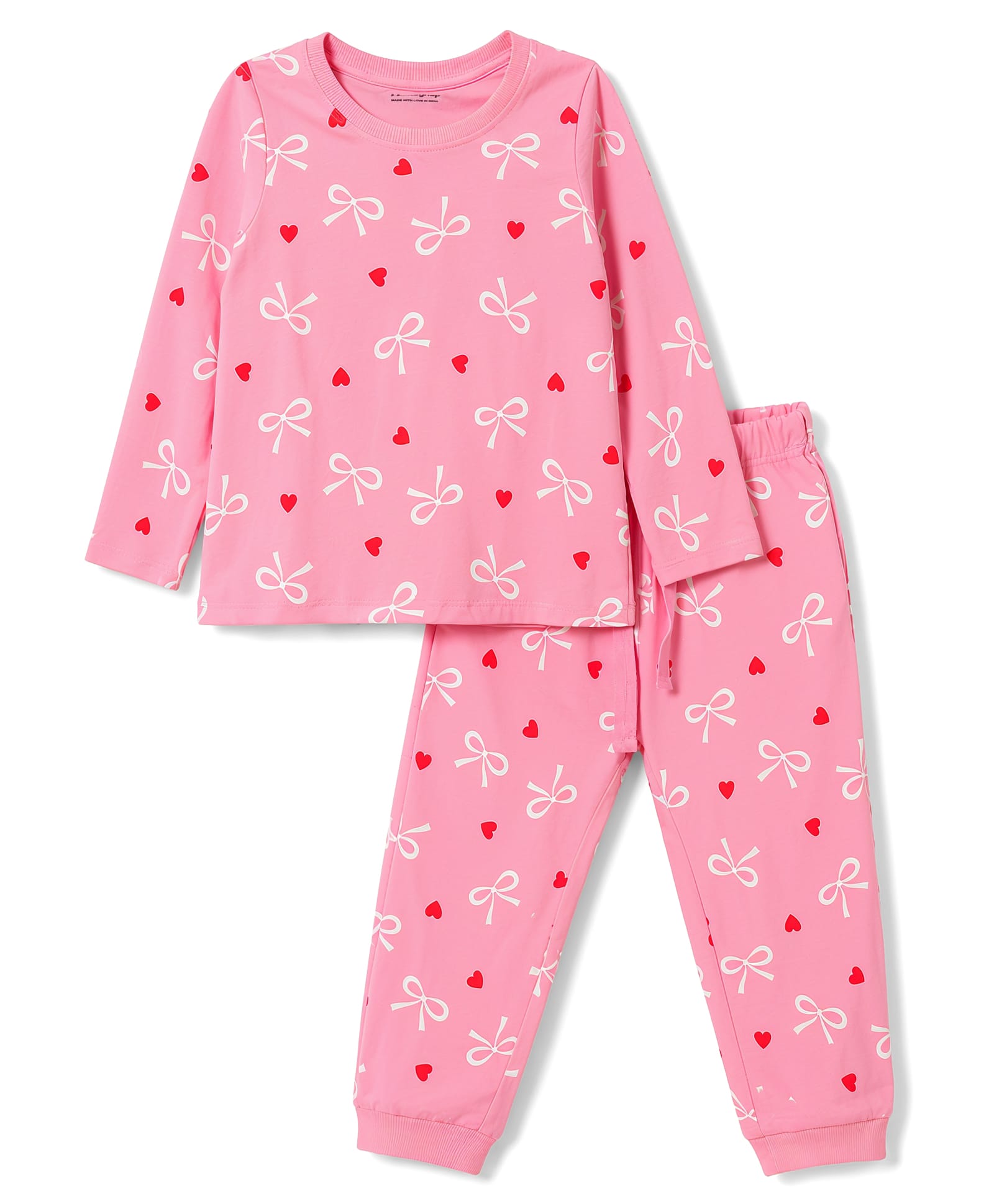 Honeyhap Cotton Knit Full Sleeves T-Shirt & Pyjama Night Suit Bio Finish With Heart & Bow Print - Light Pink-picture-10
