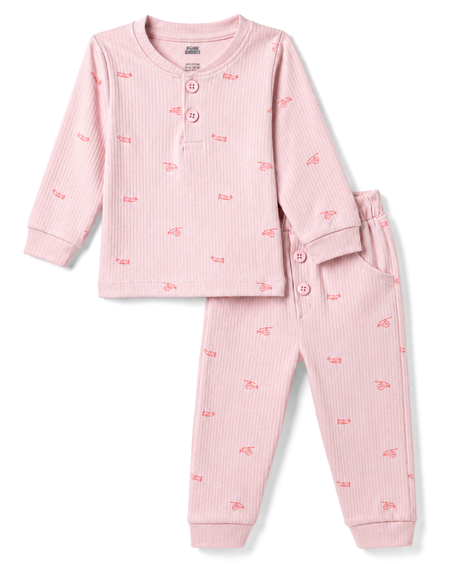 Pink Rabbit Interlock Knit Full Sleeves Co-Ords Henley Neck T-Shirt & Lounge Pant Set with Helicopter Print - Pink-image-31