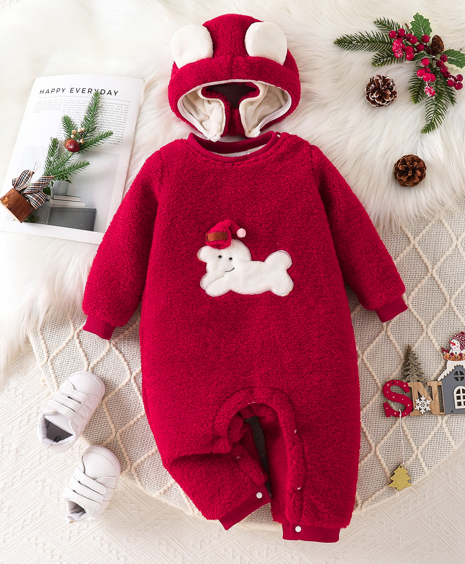 Mark & Mia Full Sleeves Winter Wear Romper With Teddy Bear Ear Applique - Red-image-36