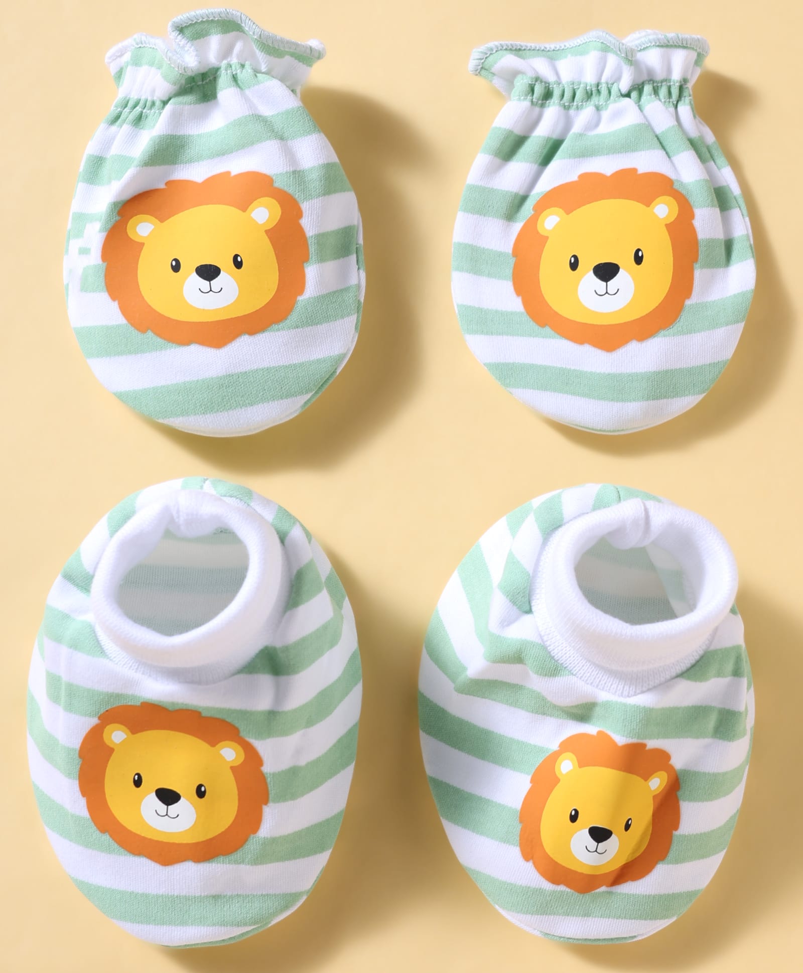 Babyhug 100% Cotton Knit Striped & Lion Printed Mittens & Booties Set - Light Green-image-26